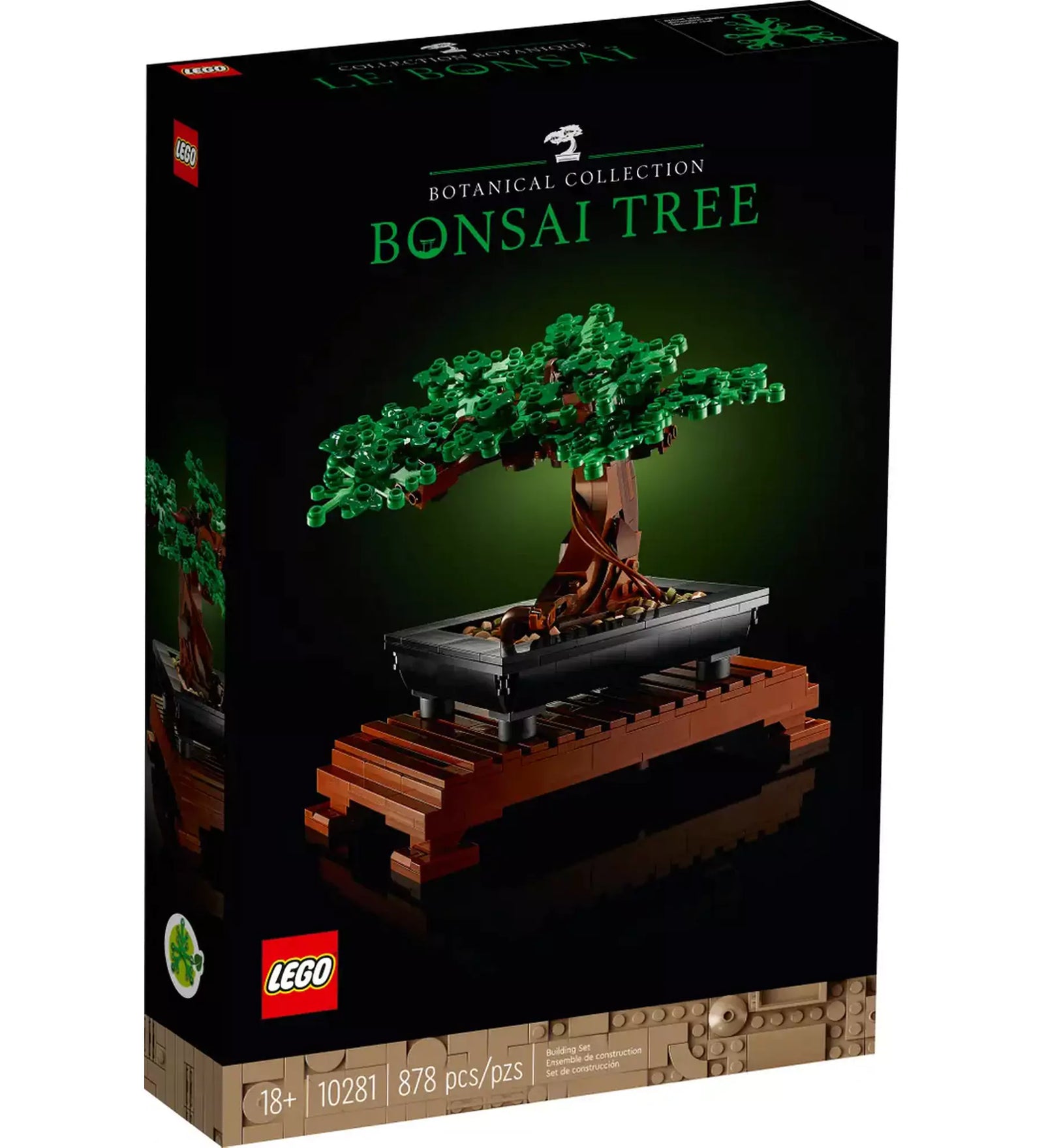 LEGO Botanical Collection 10281 Bonsai Tree doboz képe, rajta zöld lombos bonsai fával egy faállványon.
