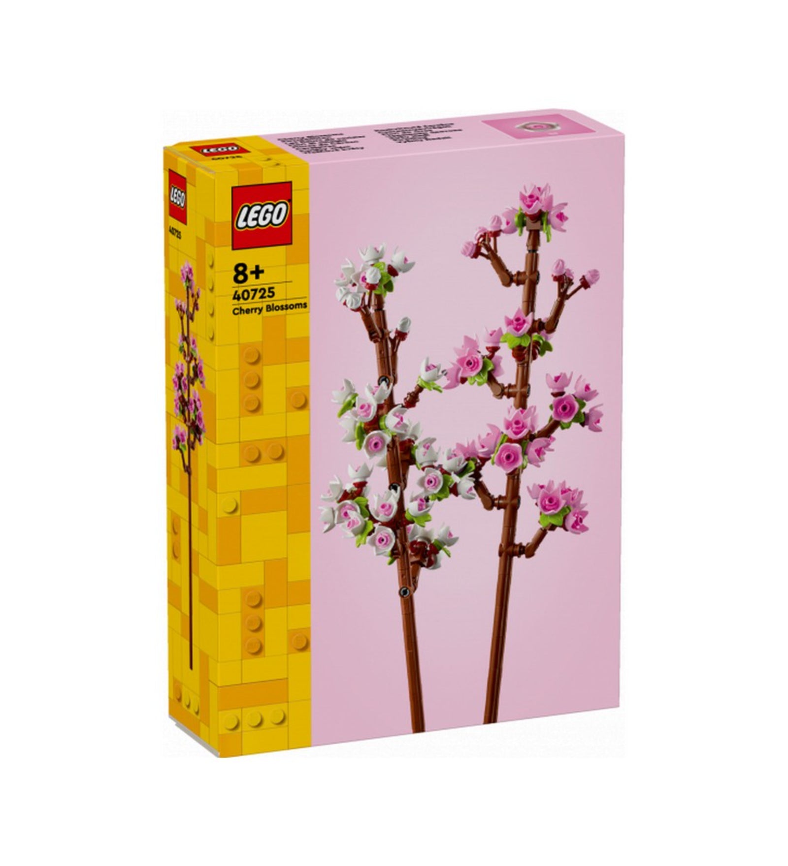 A LEGO Cseresznyevirágok (40725) készlet doboza rózsaszín háttérrel, rajta a két virágzó ág részletes illusztrációja és a LEGO logó.