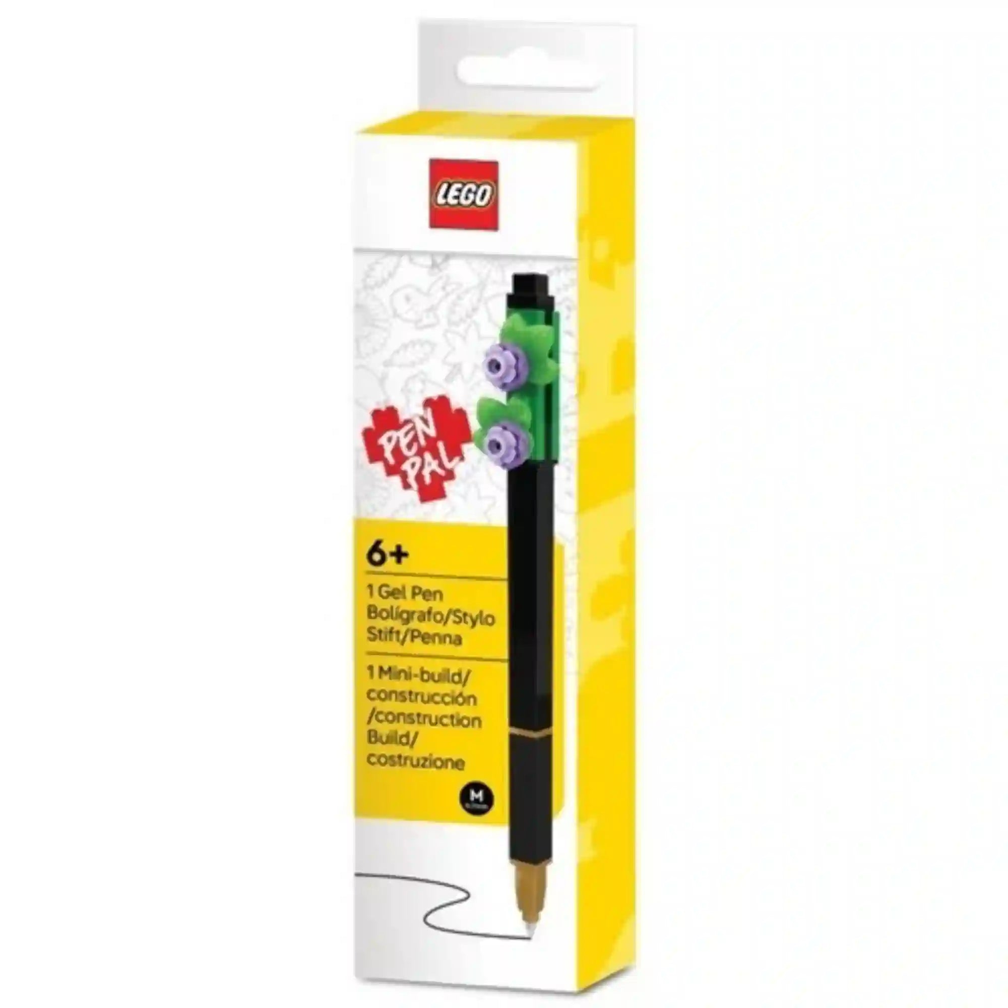 LEGO Botanicals Lila virágok zseléstoll 53701 csomagolásban, virágokkal díszített zöld LEGO elemmel.