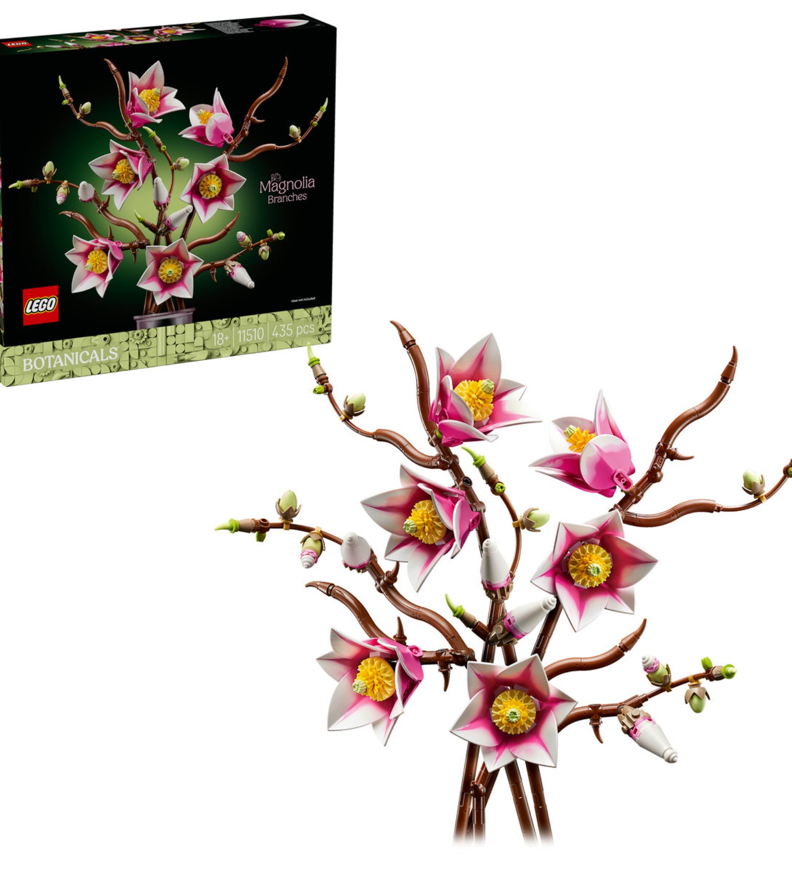 LEGO Botanicals Magnolia Branches 11510 doboz és a megépített magnólia ágak LEGO virágmodell fehér háttéren.