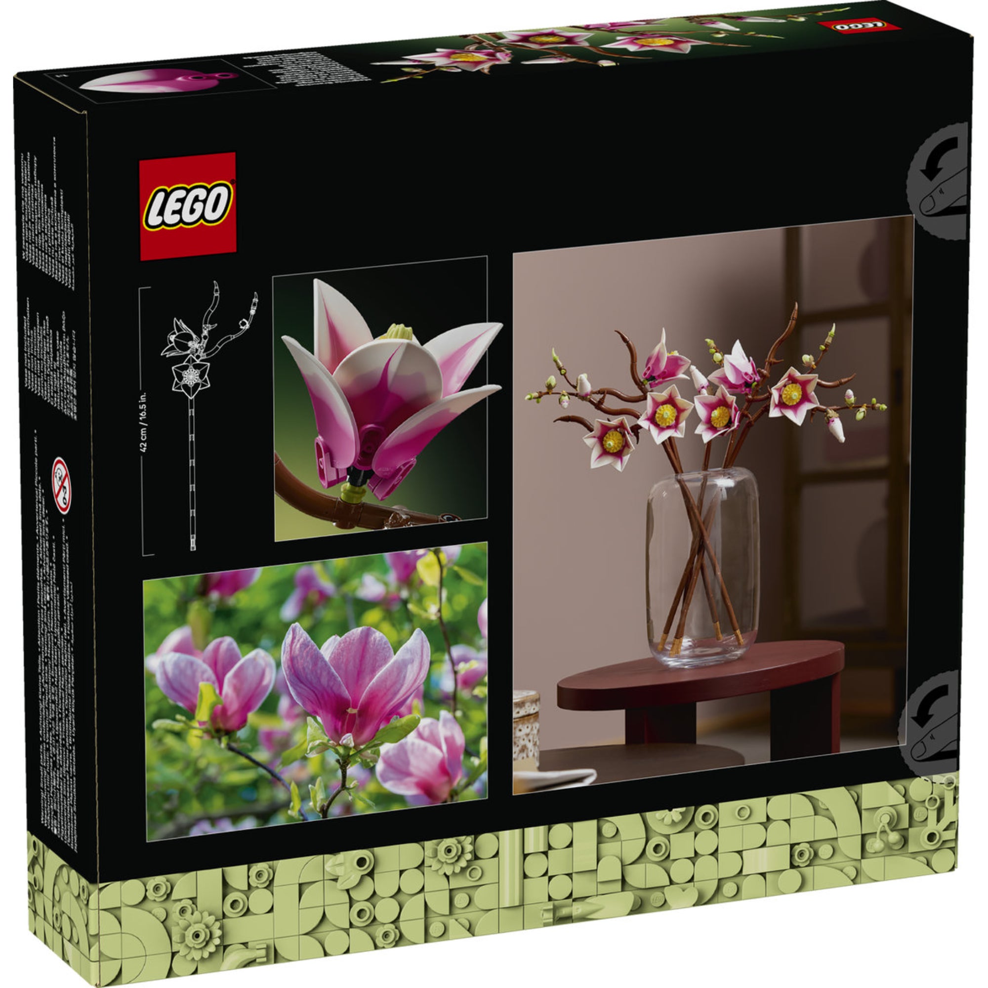 LEGO Botanicals Magnolia Branches 11510 készlet dobozának hátoldala, amely a magnólia virágok részleteit és dekorációs használatát mutatja.