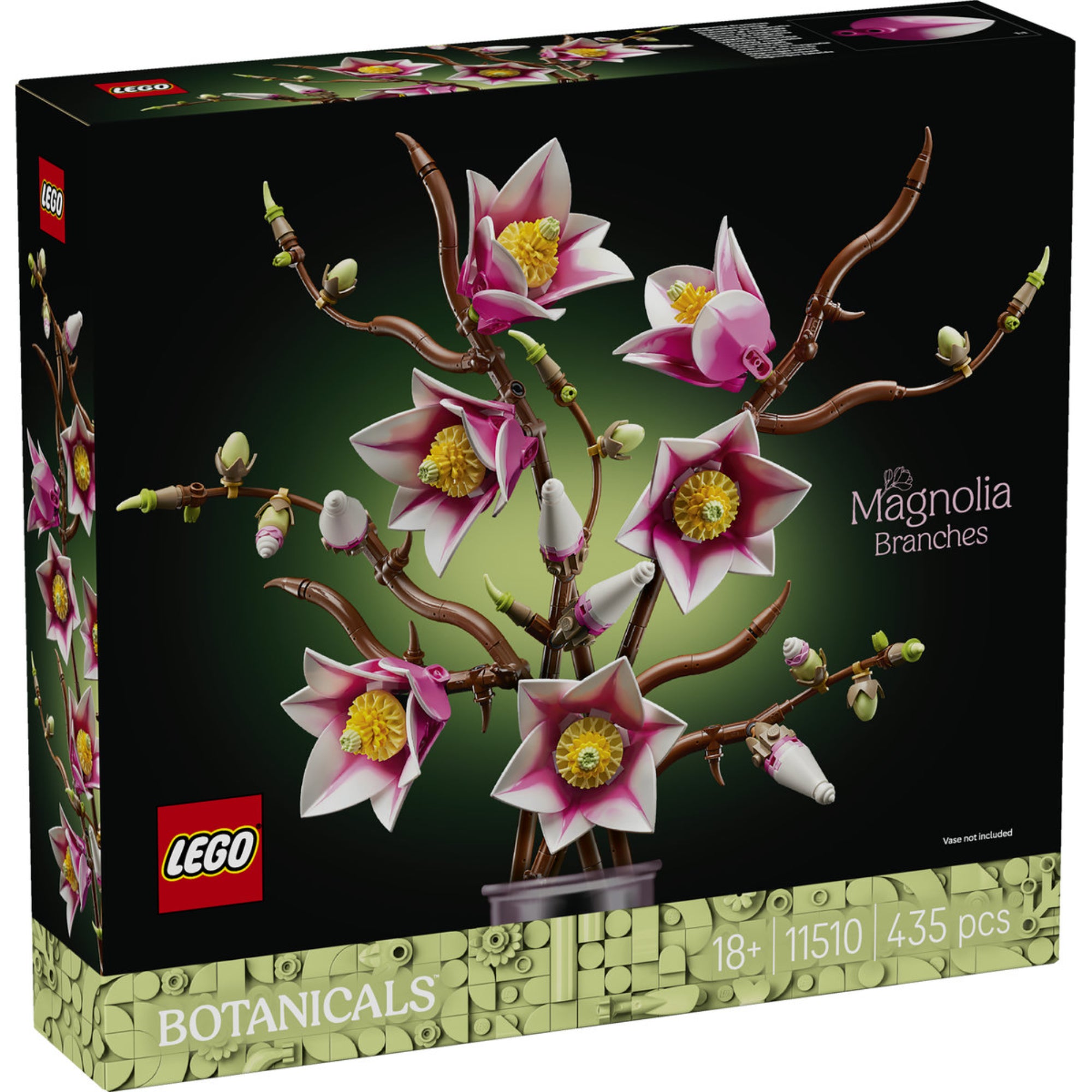 LEGO Botanicals Magnolia Branches 11510 készlet dobozának eleje a rózsaszín magnólia ágakat ábrázoló LEGO virágkompozícióval.