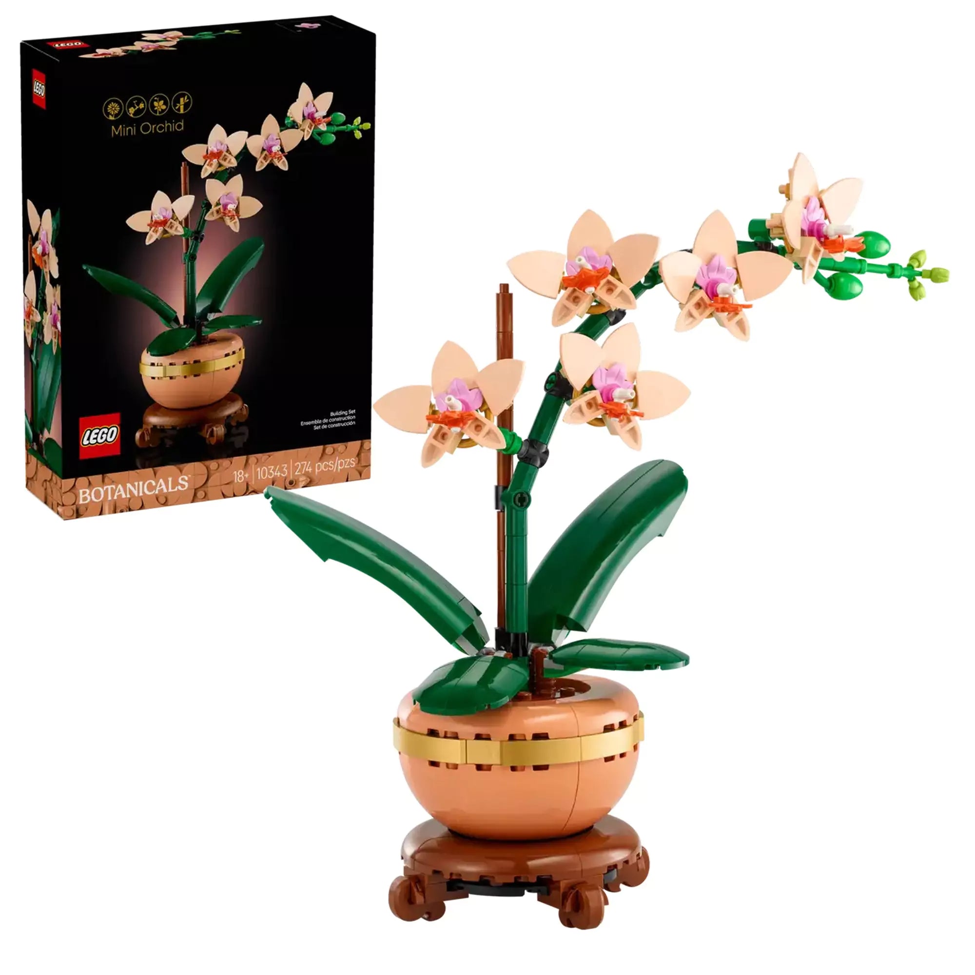A LEGO Mini Orchidea (10343) készlet doboza és a teljesen összeépített virágmodell egymás mellett bemutatva.