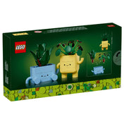 A LEGO Happy Plants (10349) doboz hátoldala a megépített figurákkal: levehető növényrészekkel és forgatható elemekkel.