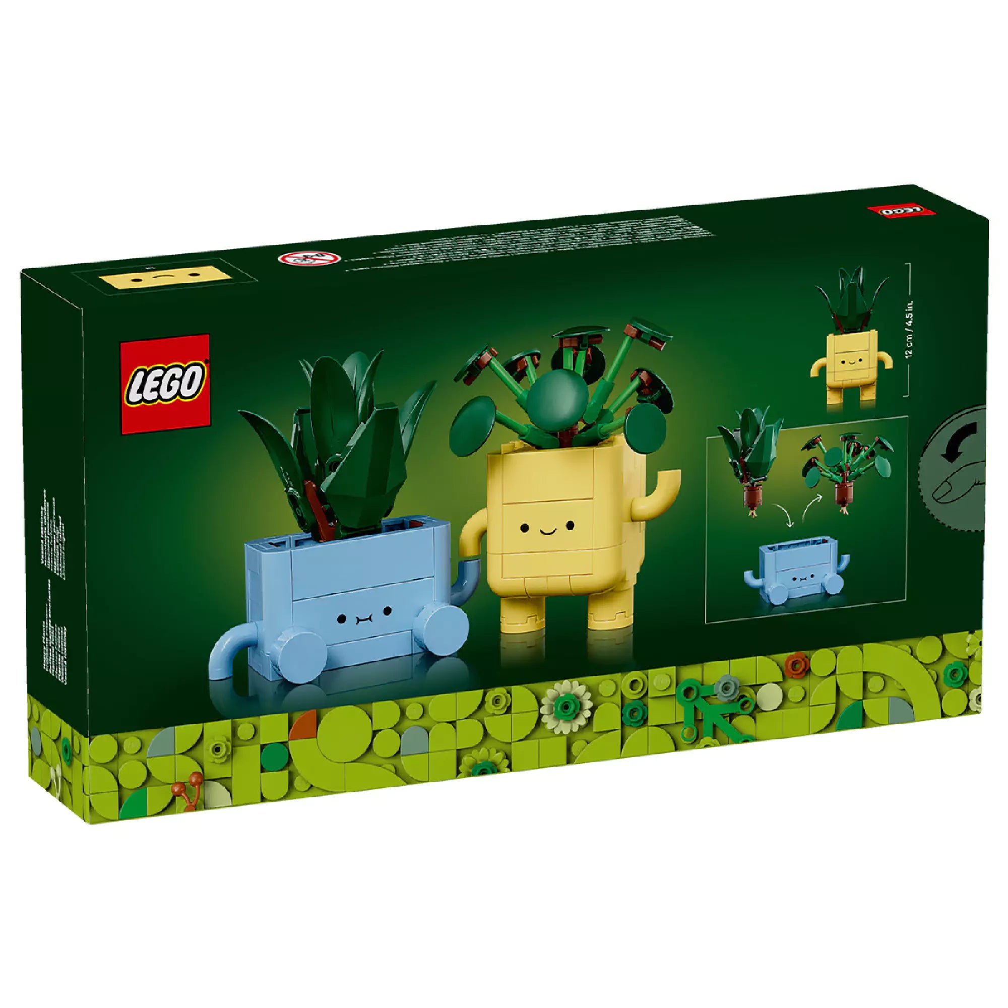 A LEGO Happy Plants (10349) doboz hátoldala a megépített figurákkal: levehető növényrészekkel és forgatható elemekkel.