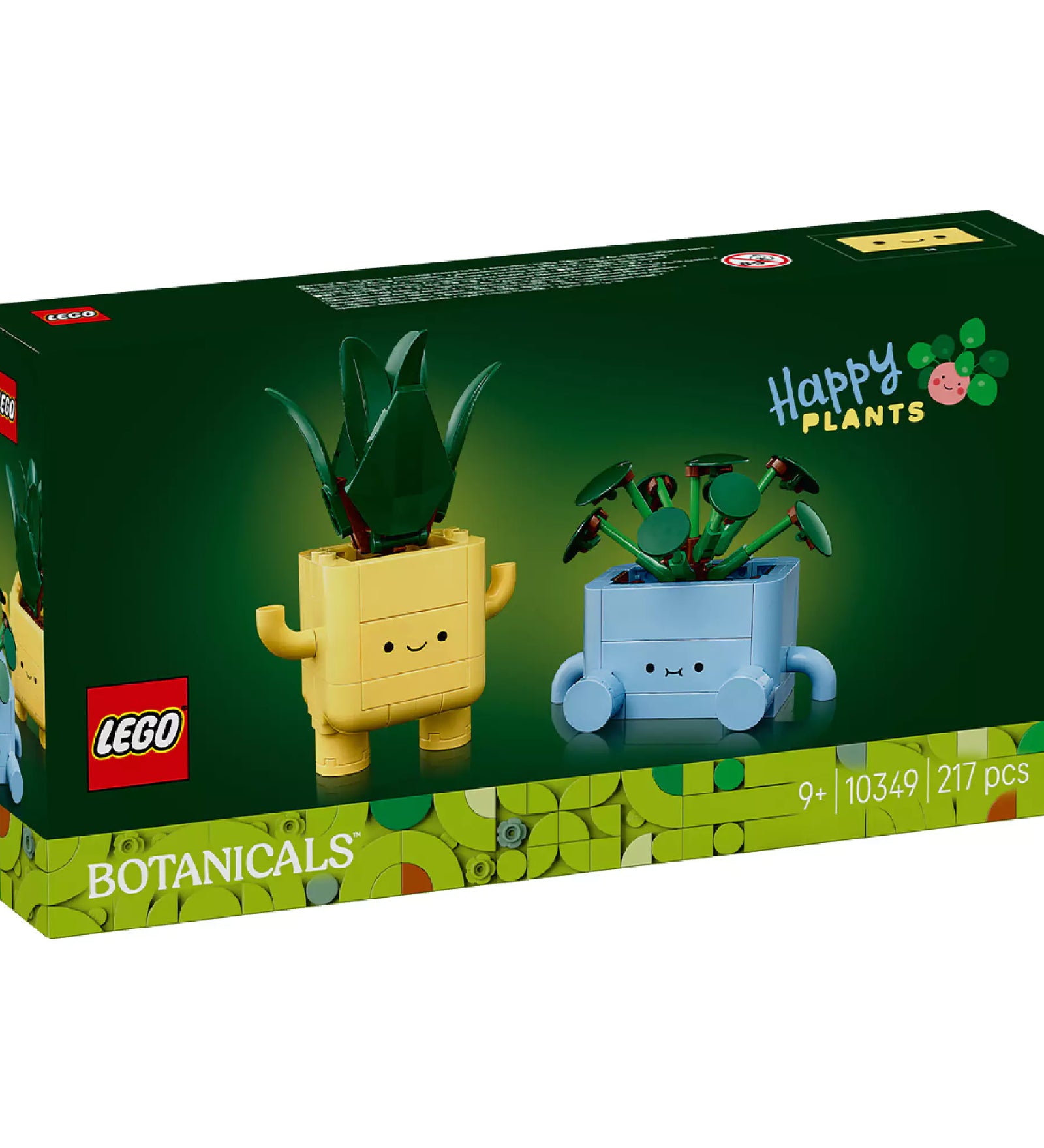 LEGO Happy Plants (10349) dobozkép két aranyos, mosolygós virágcseréppel: egy sárga két lábon álló, és egy kék gurulós virágcserép zöld növényekkel.