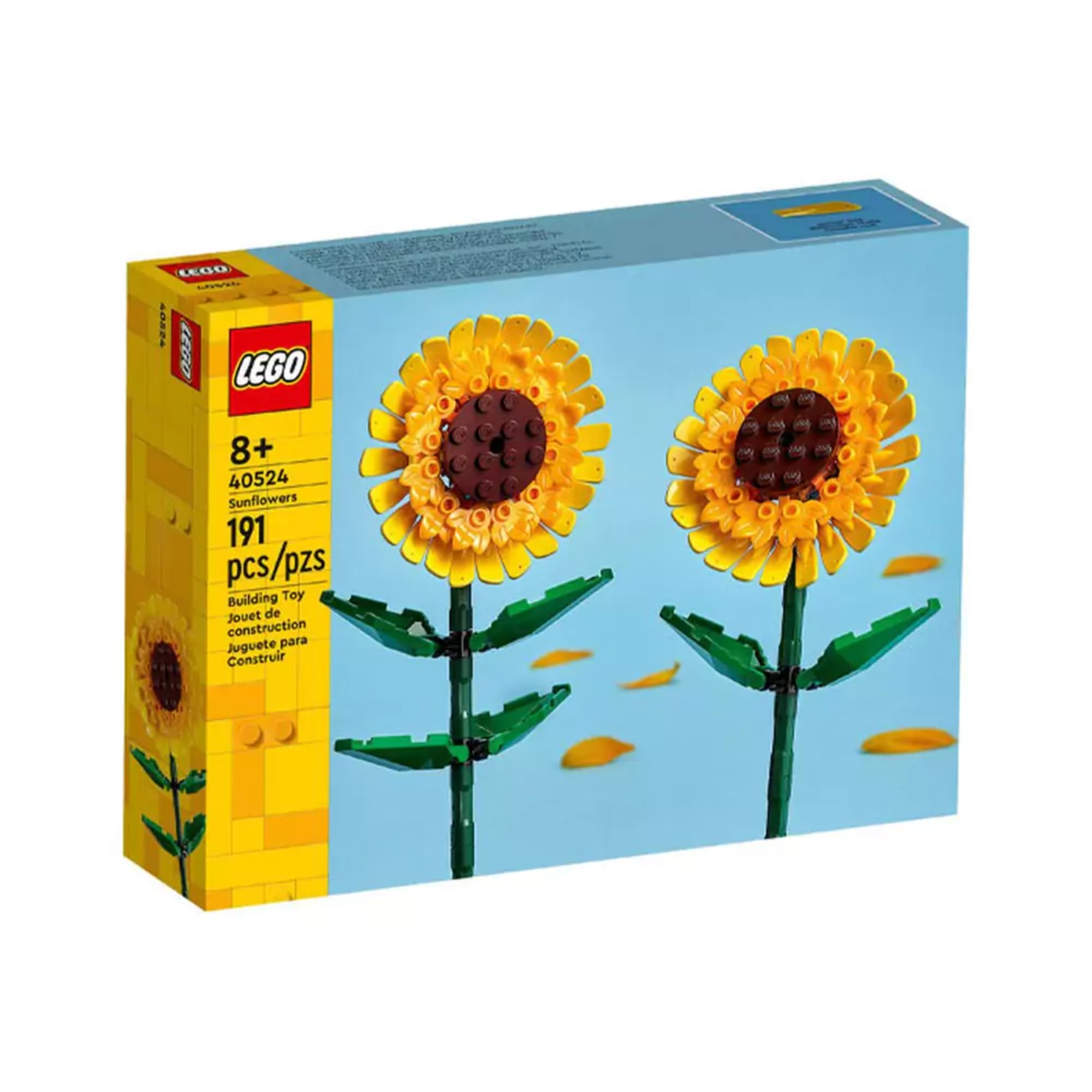 A LEGO Napraforgók (40524) készlet doboza, amely két megépíthető napraforgót ábrázol világoskék háttér előtt, 191 elemet tartalmaz.