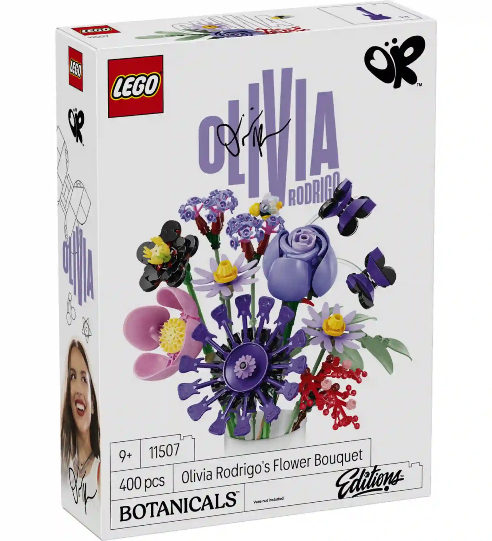 A LEGO Botanicals Olivia Rodrigo virágcsokra 11507 dobozának eleje a lila virágcsokor és pillangók grafikájával.