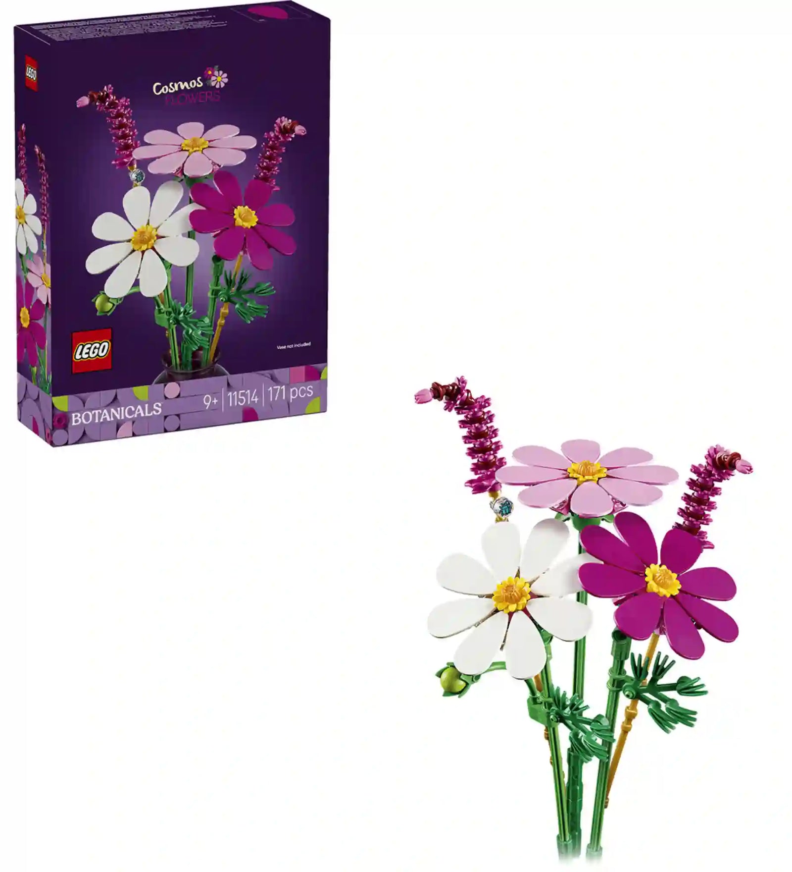 LEGO Botanicals Kozmoszvirágok (11514) készlet a dobozképpel és a megépített virágkompozícióval, fehér, rózsaszín és sötétrózsaszín kozmoszvirágokkal, valamint díszes lila virágszárakkal.