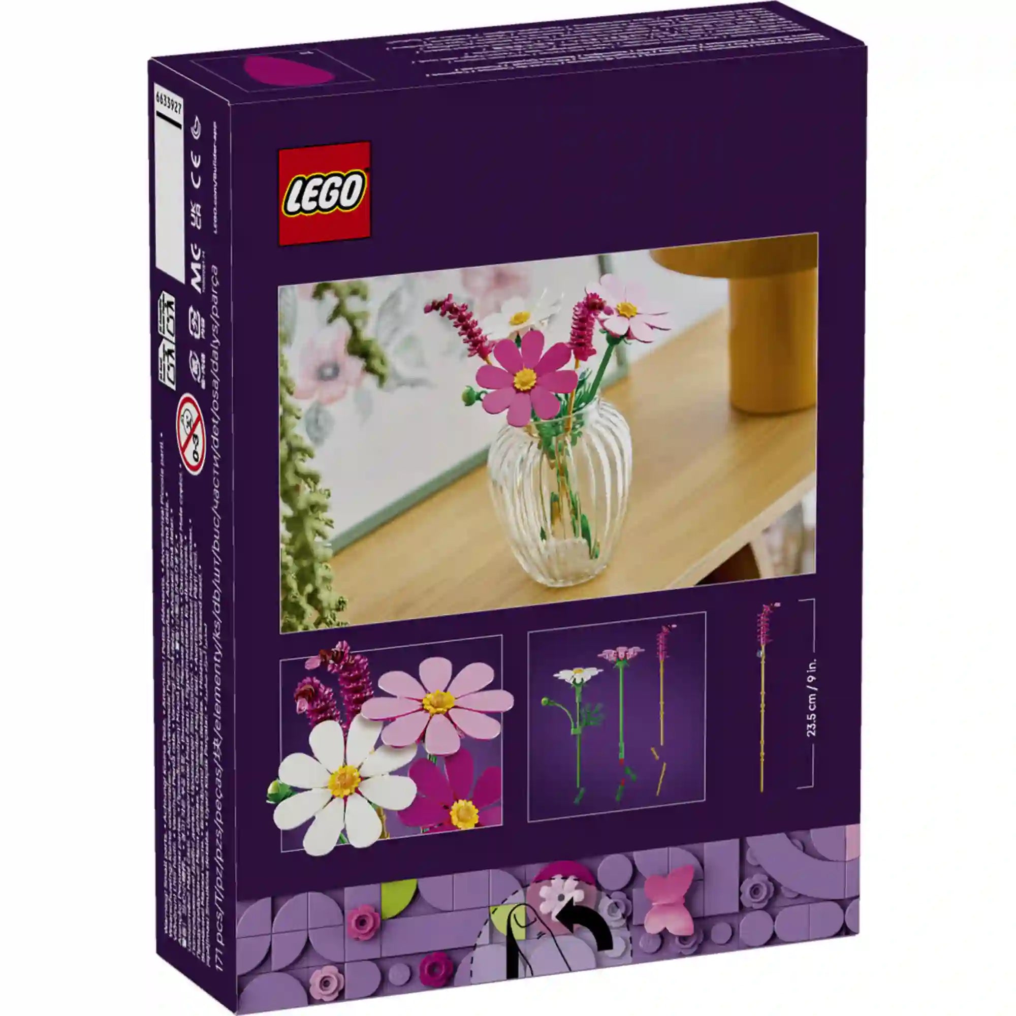 LEGO Botanicals Kozmoszvirágok (11514) készlet hátoldala, amely a virágok vázában történő kiállítását, az egyes szárak kialakítását és a modell méreteit szemlélteti.