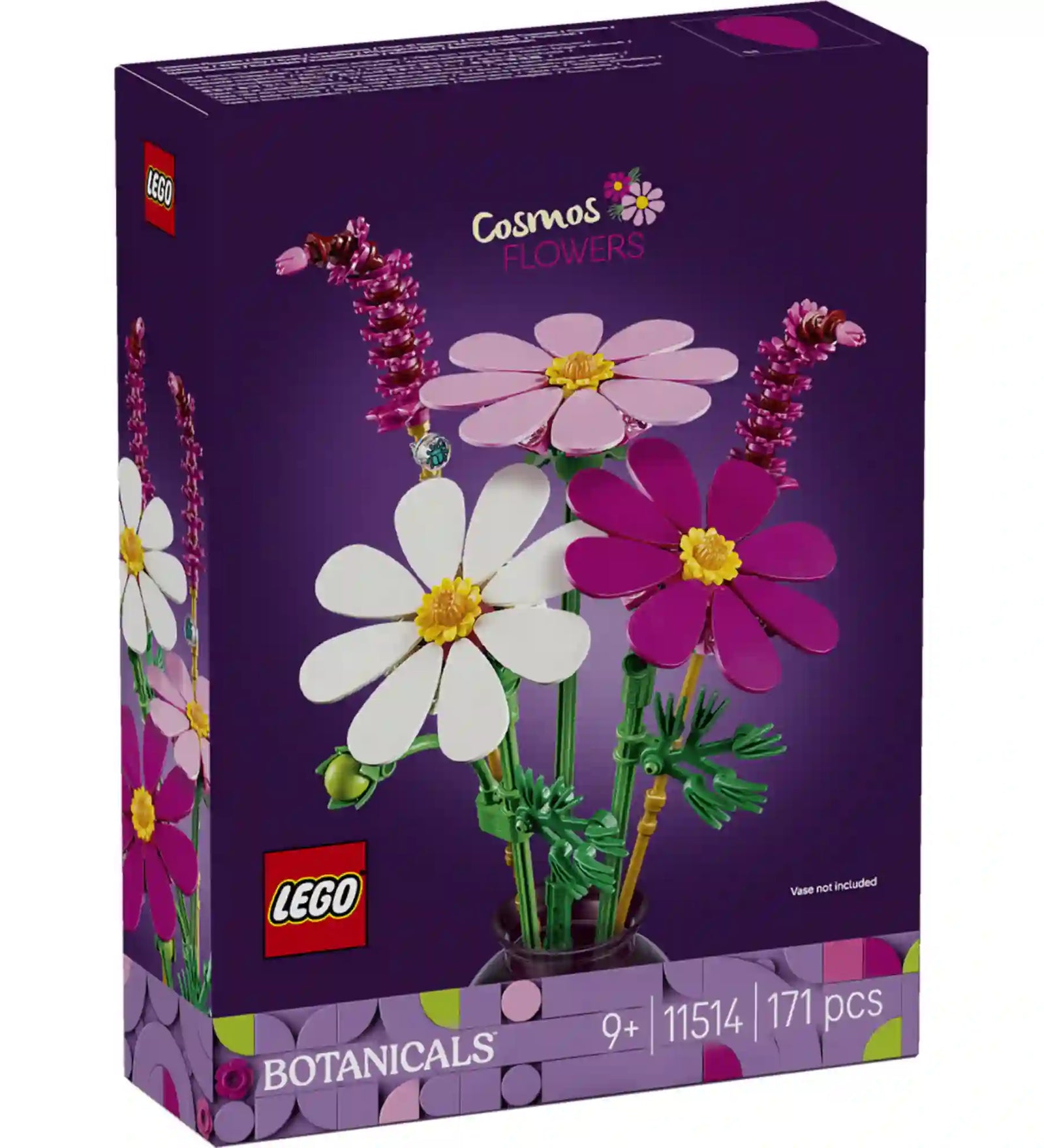 LEGO Botanicals Kozmoszvirágok (11514) elülső dobozképe, amely a részletgazdag, élénk színű kozmoszvirágokat mutatja dekoratív botanikai építőmodellként.