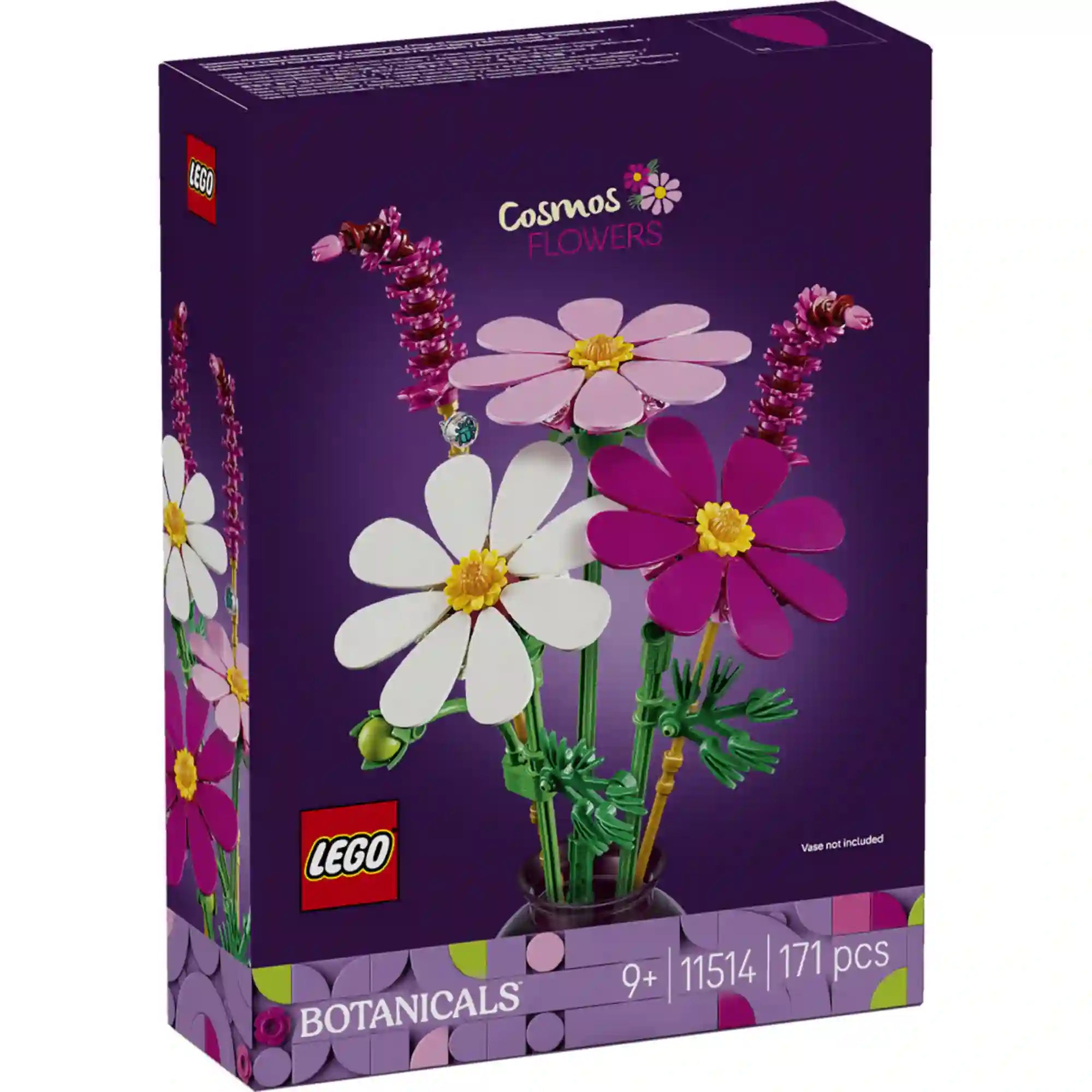 LEGO Botanicals Kozmoszvirágok (11514) elülső dobozképe, amely a részletgazdag, élénk színű kozmoszvirágokat mutatja dekoratív botanikai építőmodellként.