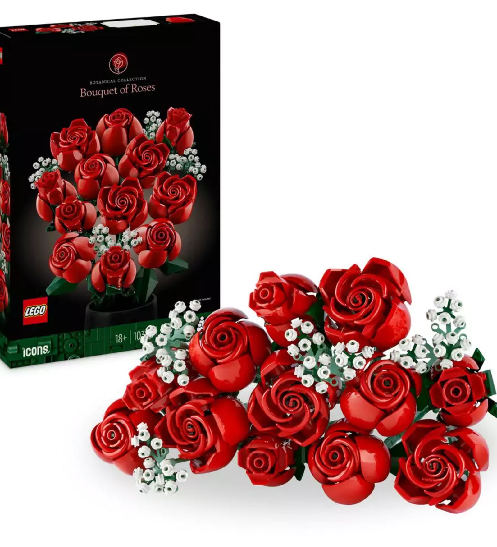 A LEGO Icons Vörös rózsák csokor (10328) doboza és megépített csokra, amely a készlet teljes tartalmát szemlélteti.