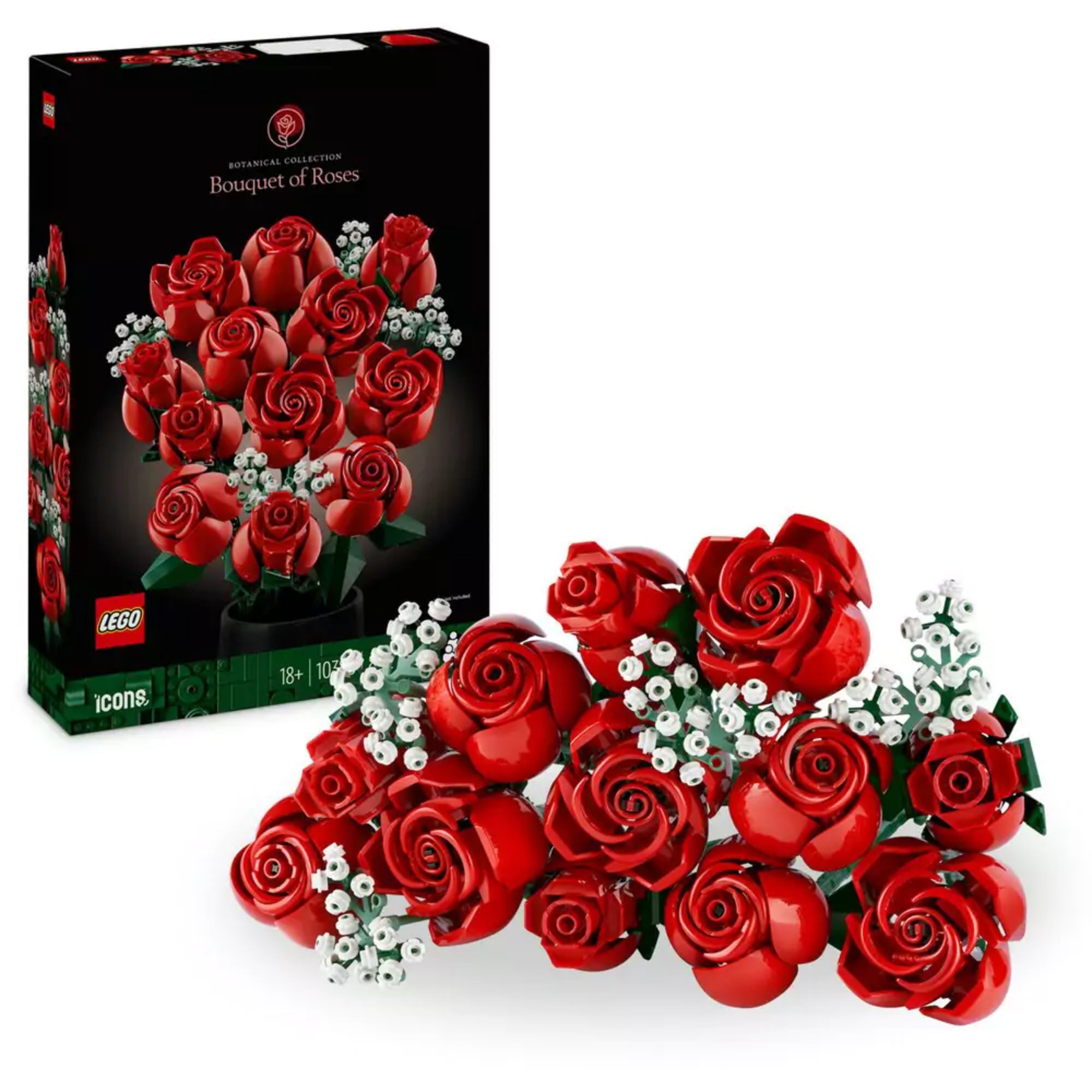 A LEGO Icons Vörös rózsák csokor (10328) doboza és megépített csokra, amely a készlet teljes tartalmát szemlélteti.