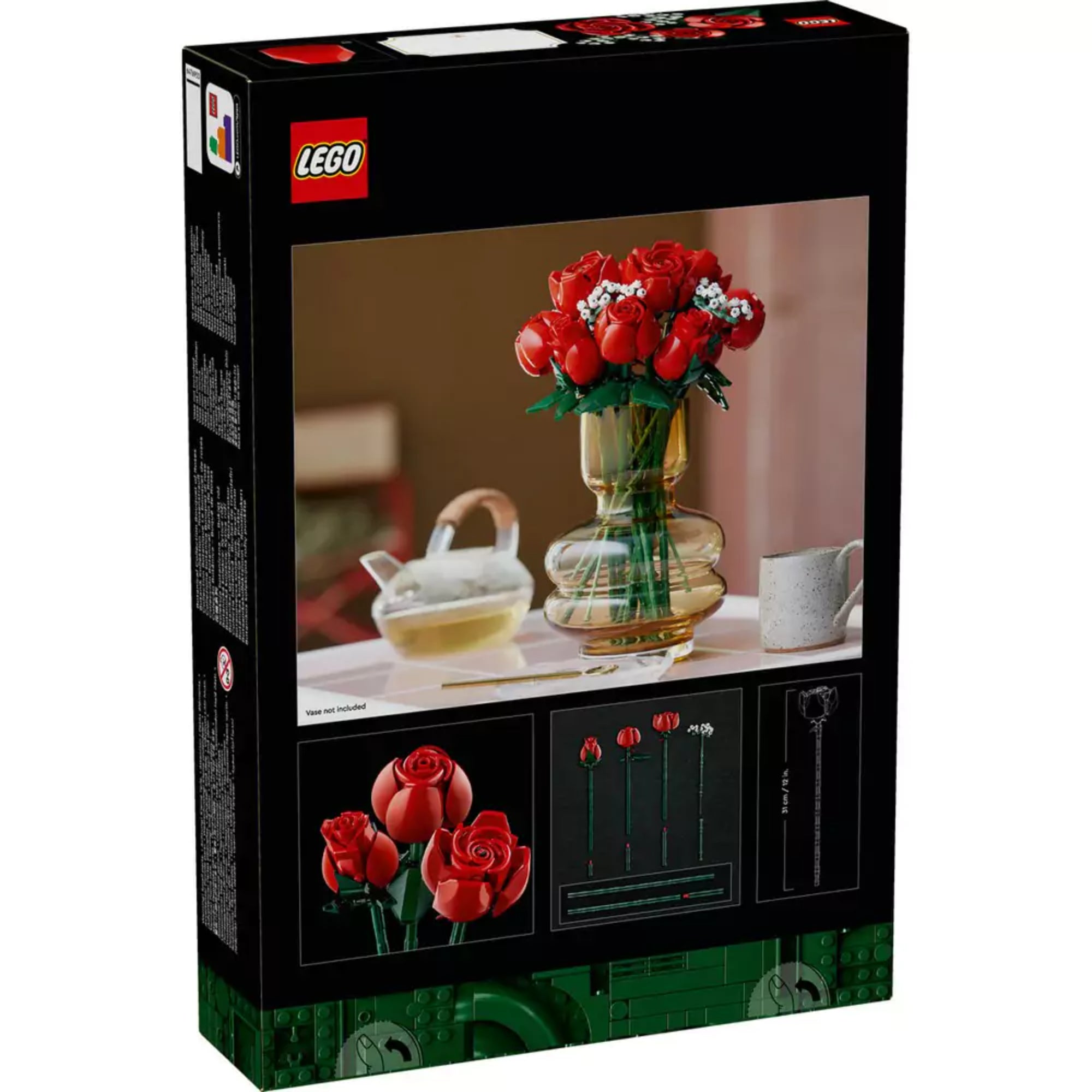  A LEGO Icons Vörös rózsák csokor (10328) készlet dobozának hátlapja, vázában elhelyezett csokorral és részletfotókkal.