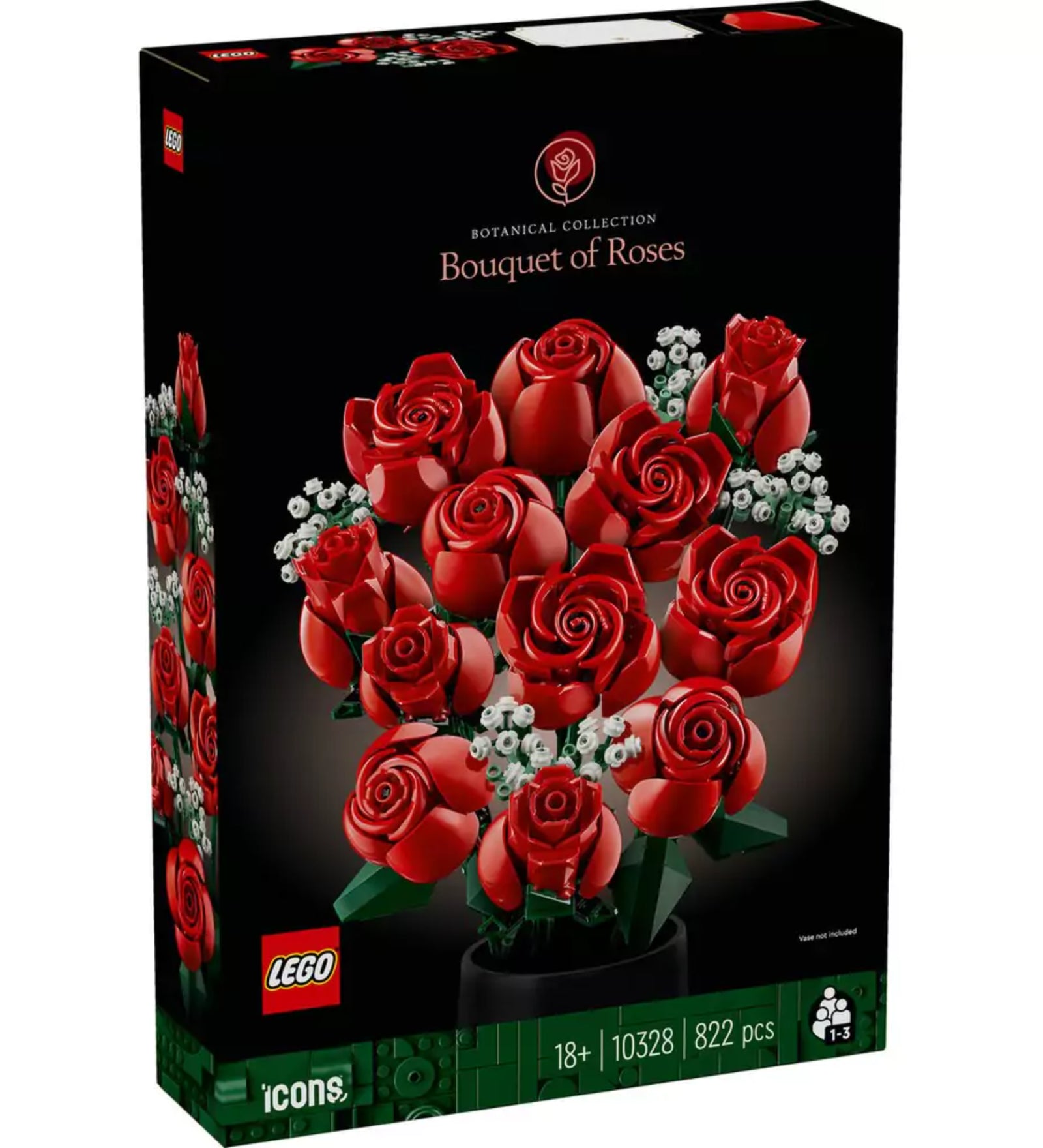 A LEGO Icons Vörös rózsák csokor (10328) hivatalos dobozának előnézeti képe, 822 elemet tartalmazó készlettel, 18+ korosztálynak ajánlva.