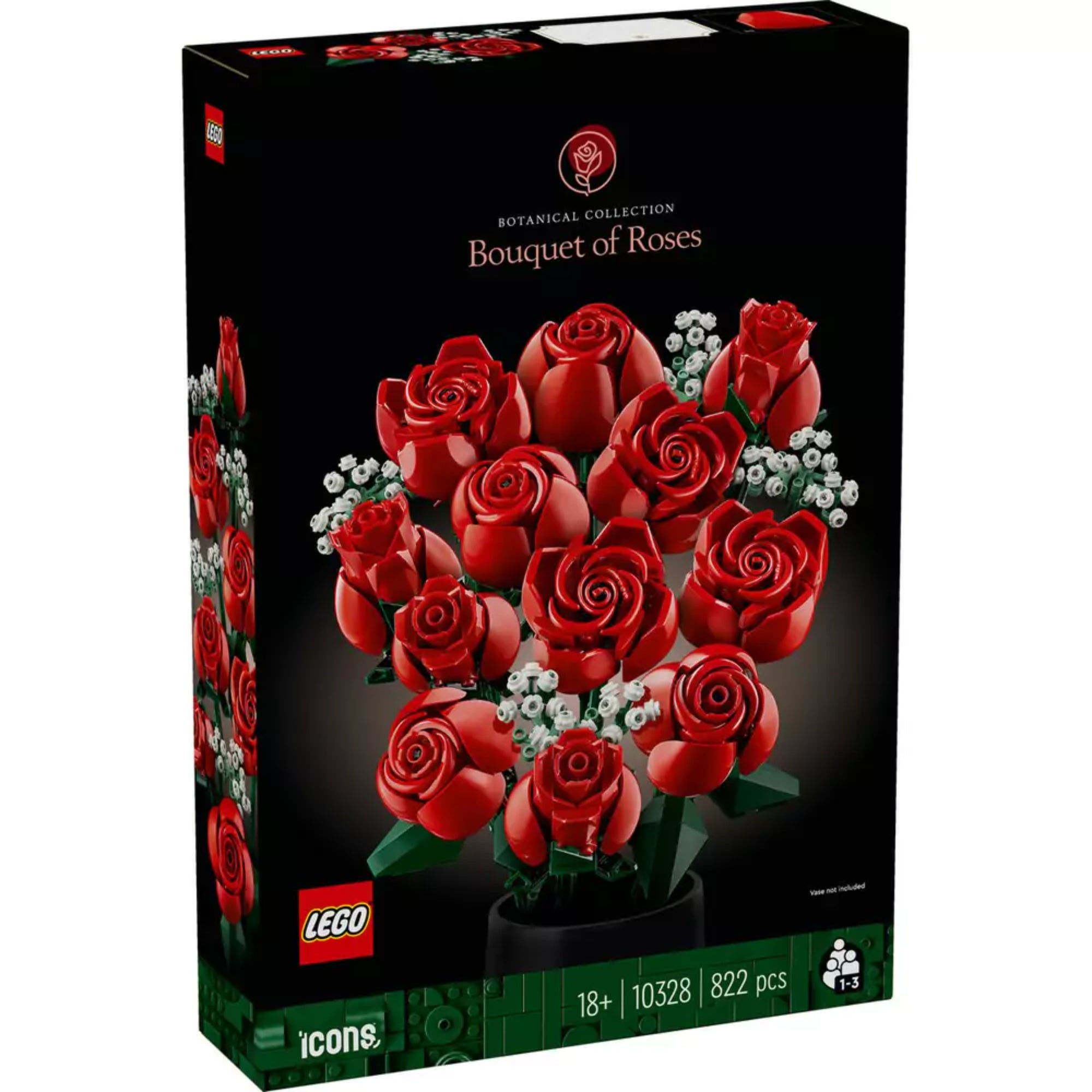 A LEGO Icons Vörös rózsák csokor (10328) hivatalos dobozának előnézeti képe, 822 elemet tartalmazó készlettel, 18+ korosztálynak ajánlva.