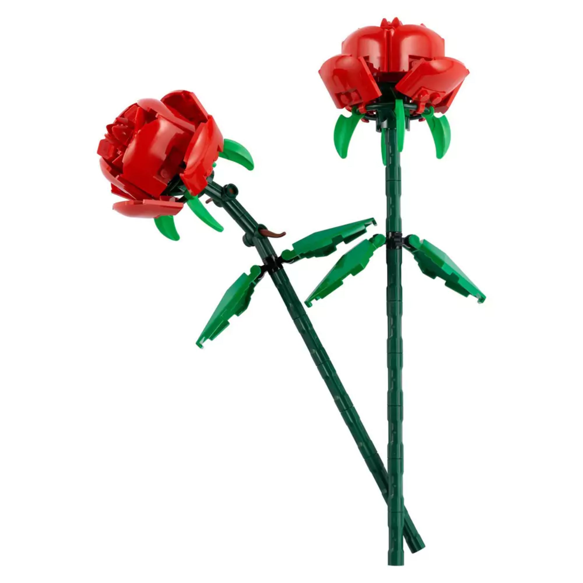Két épített piros LEGO rózsa sötétzöld szárakkal és levélrészekkel fehér háttér előtt, a LEGO Rózsák (40460) készlet elemei.