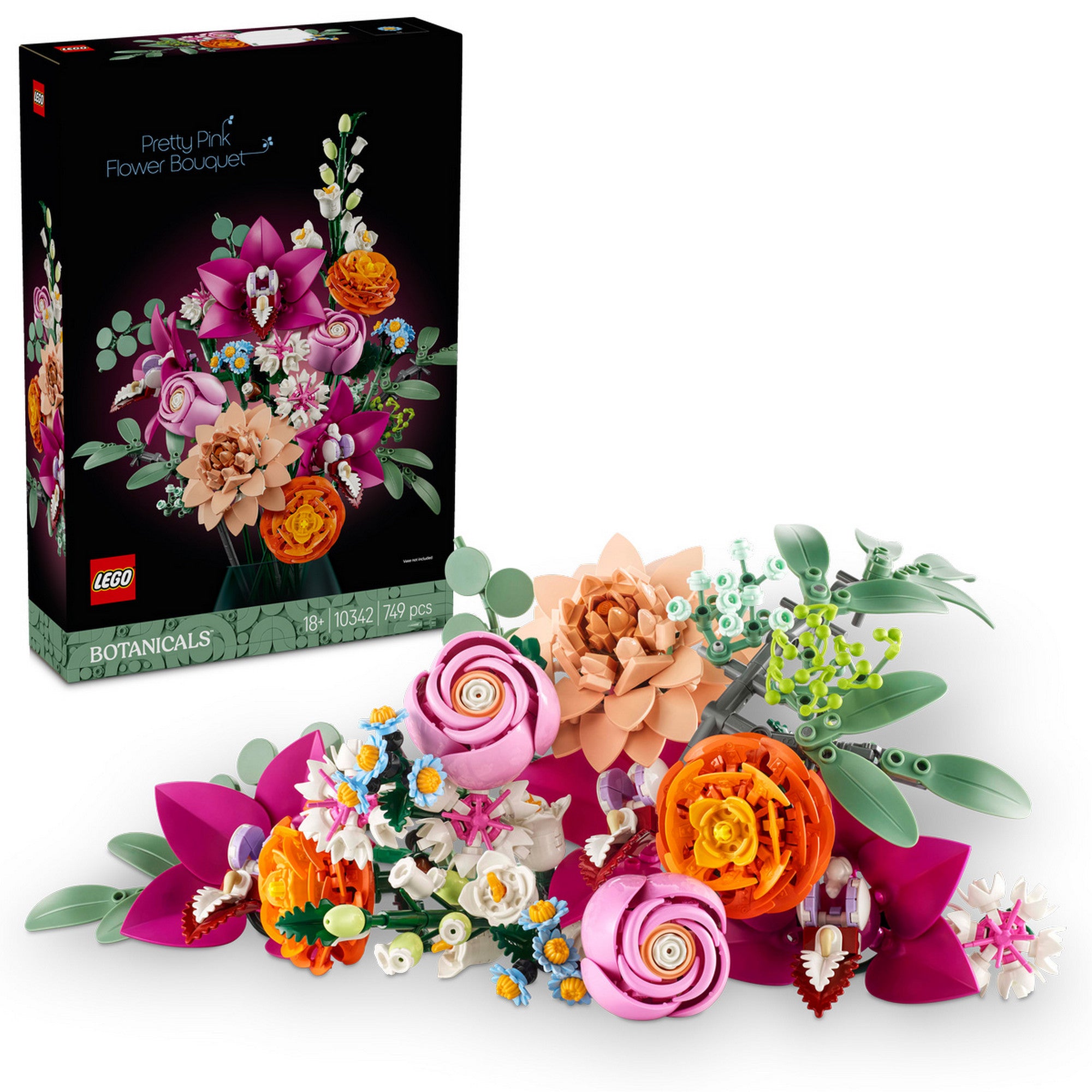 A LEGO Botanicals Rózsaszín virágcsokor (10342) doboza és a részletesen megépített virágcsokor, amelyben rózsaszín, narancssárga, fehér és barackszínű LEGO virágok és zöld levelek láthatók.