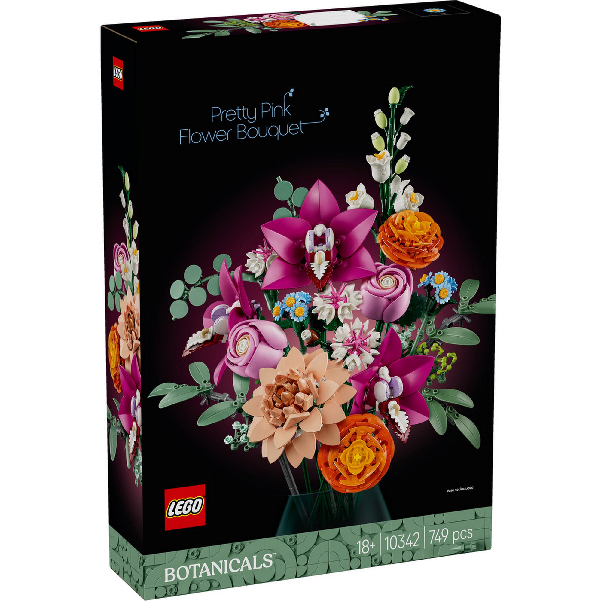 A LEGO Botanicals Rózsaszín virágcsokor (10342) készlet elegáns fekete doboza élénk, rózsaszín és narancssárga LEGO virágokkal díszítve, 749 darabból áll.