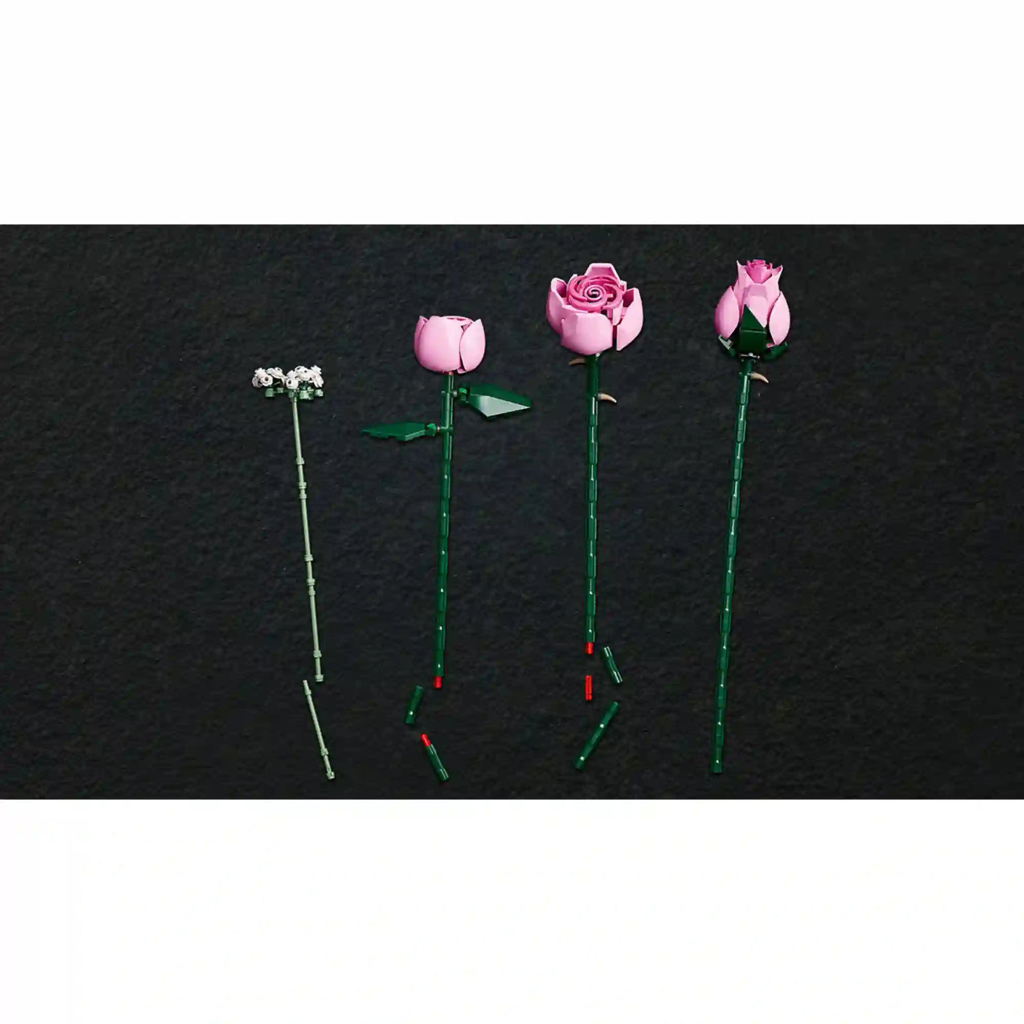 A LEGO Botanicals Rózsaszín rózsacsokor (10374) építőkészlet különböző rózsa- és fátyolvirág elemei.
