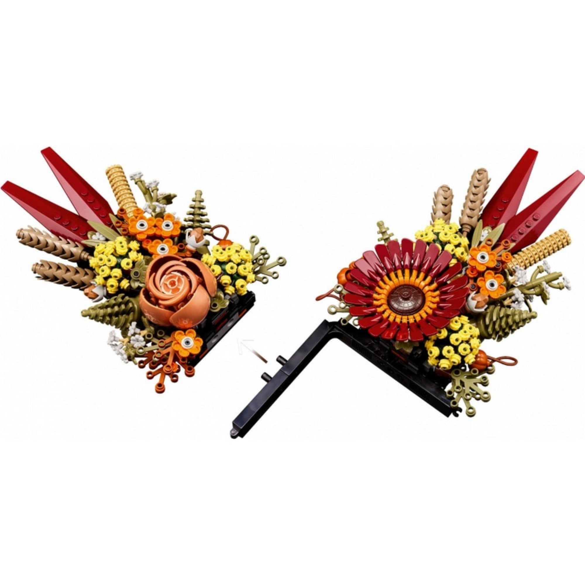 Két LEGO Dried Flower Centerpiece (10314) egység részlete, amelyek összeilleszthetők egy központi elem segítségével.