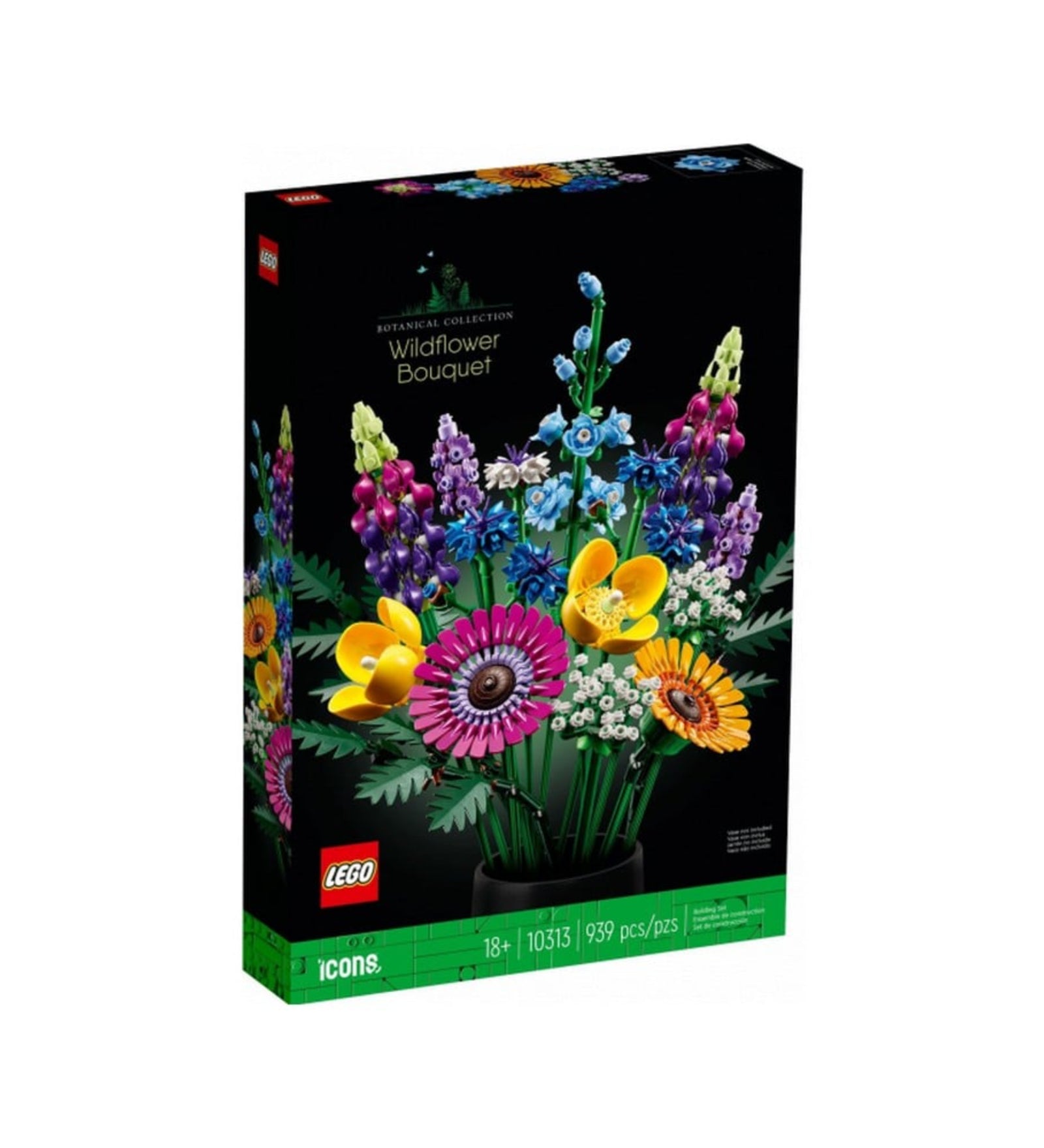 LEGO Icons Vadvirágcsokor (10313) – a dobozkép sötét háttéren, színes LEGO virágcsokorral, a 18+ korosztály számára ajánlva.