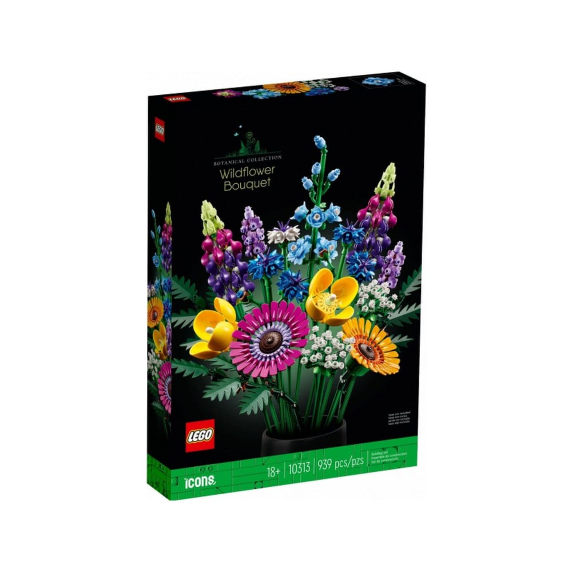 LEGO Icons Vadvirágcsokor (10313) – a dobozkép sötét háttéren, színes LEGO virágcsokorral, a 18+ korosztály számára ajánlva.