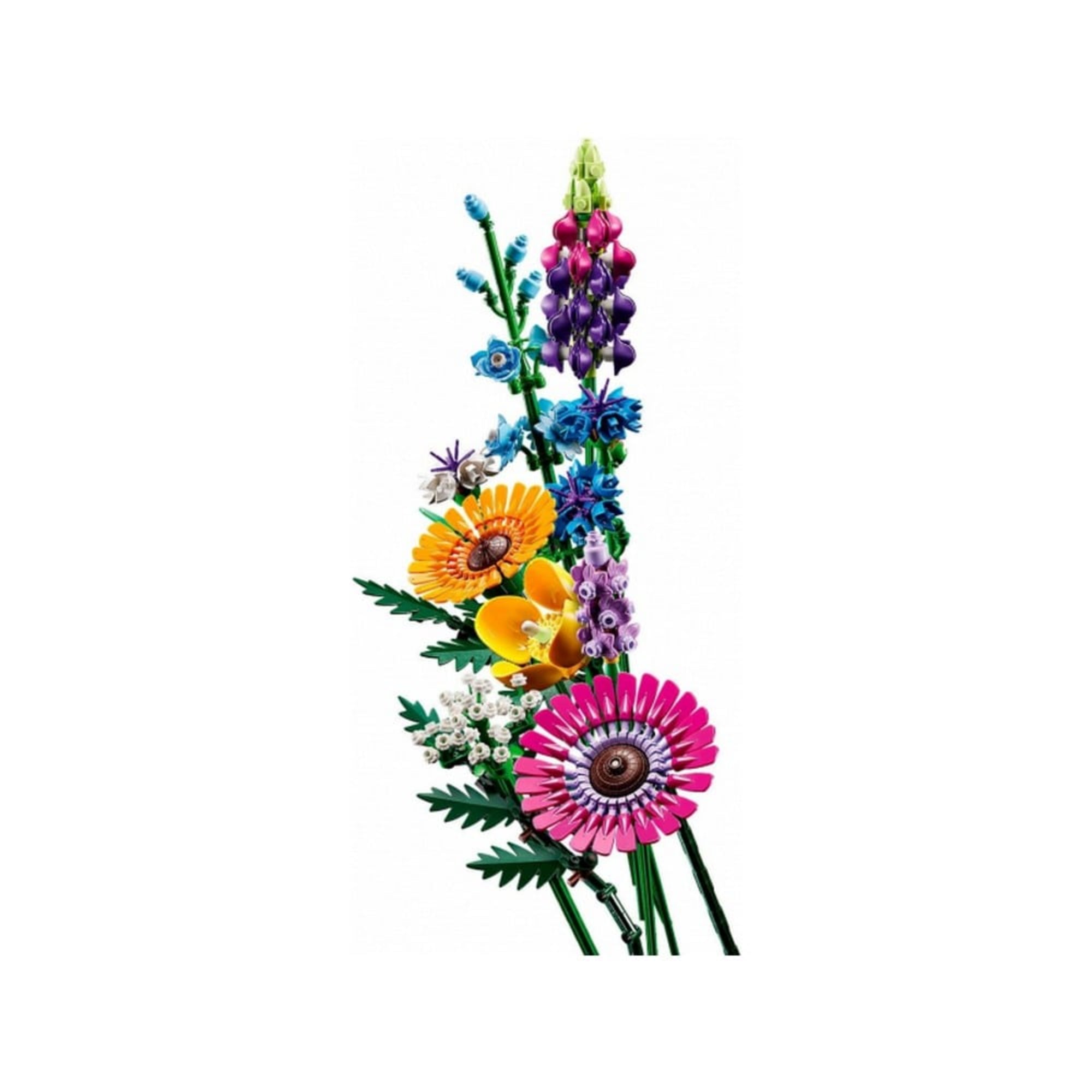 LEGO Icons Vadvirágcsokor (10313) – színes LEGO virágcsokor álló elrendezésben, részletes kidolgozású vadvirágokkal, fehér háttéren.