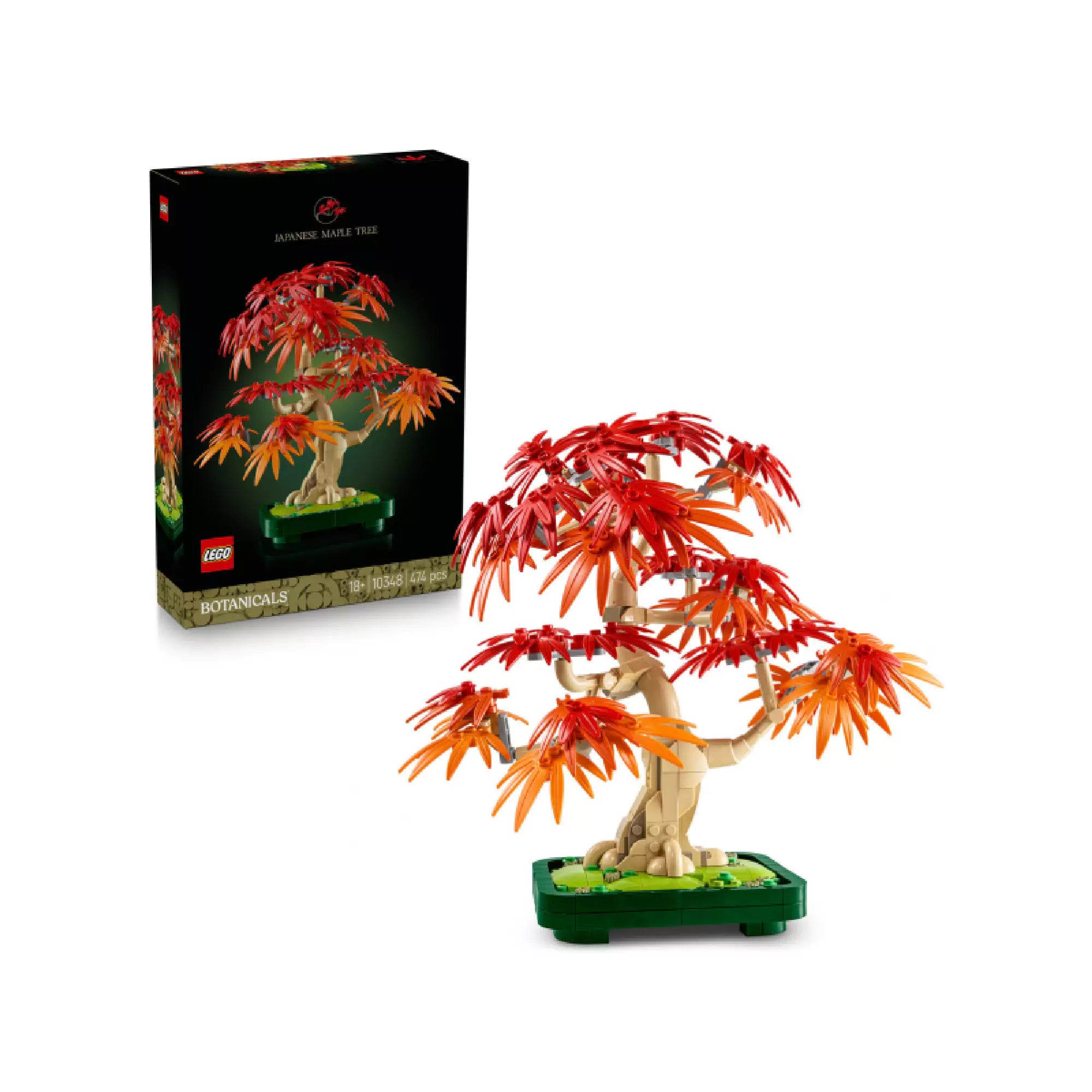 A LEGO japán juharfa valósághű modellje látható a dobozzal a háttérben. A fa kanyargó törzse és ágain színátmenetes levelek vannak – a világos narancssárgától a sötétpirosig –, amelyek tökéletesen idézik az őszi hangulatot.