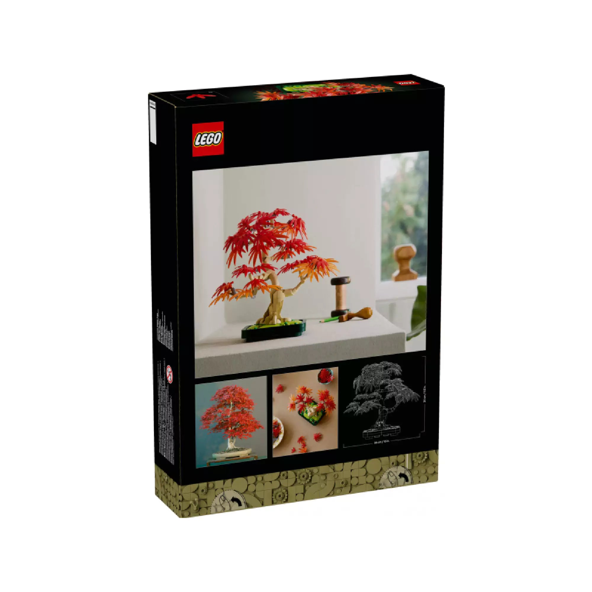 A doboz hátlapján a LEGO japán juharfa különböző nézőpontból készült életképei szerepelnek, többek között egy polcon díszként elhelyezve. Az alsó részen skicc-stílusú rajz látható a modell méreteiről.