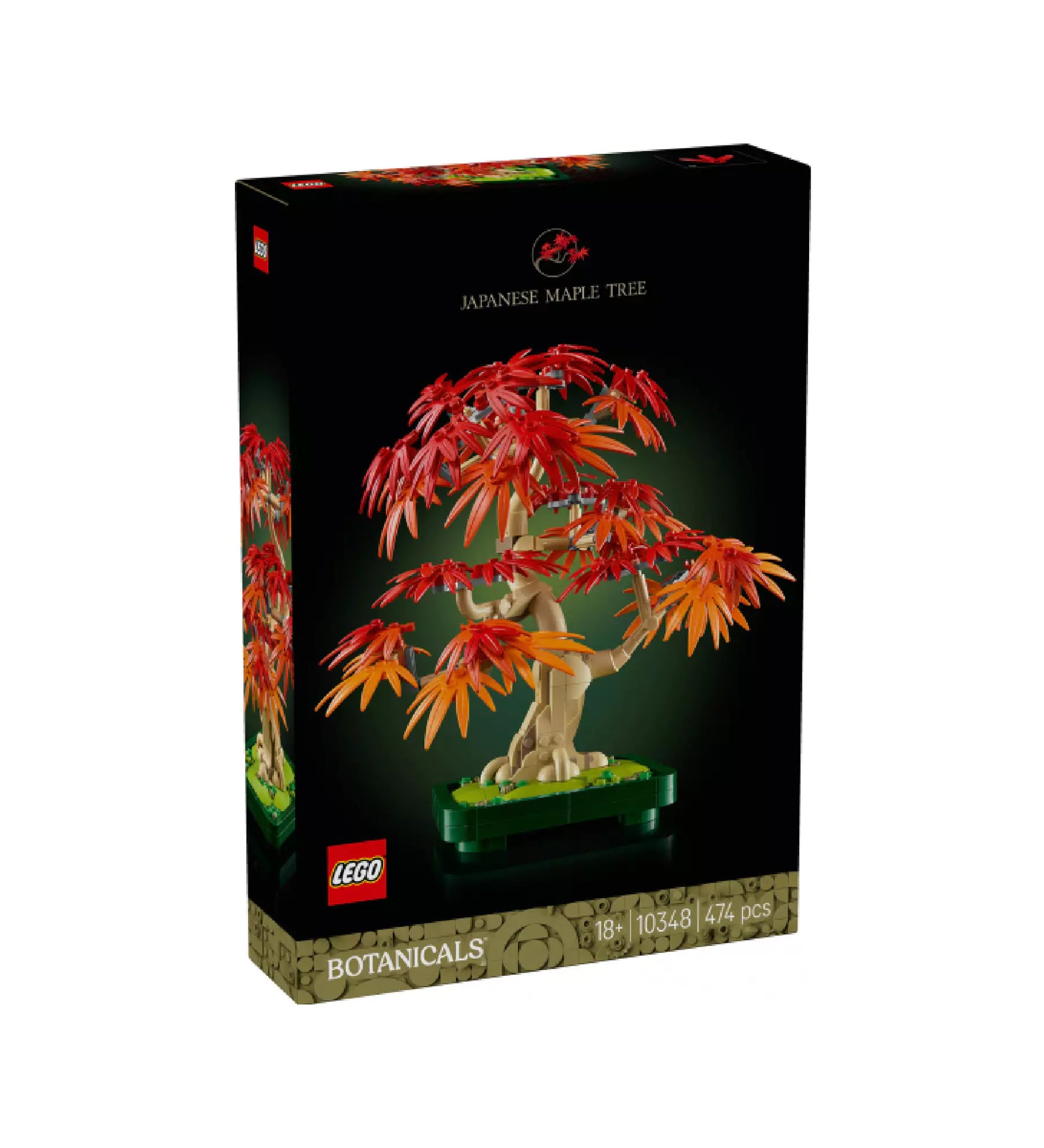 A LEGO Japanese Maple Tree (10348) készlet fekete hátterű doboza látható, rajta a vörös és narancssárga levelekkel díszített miniatűr japán juharfával. A fa elegáns, bonsai-stílusú talapzaton áll, a doboz bal alsó sarkában az „18+” korosztály és az „474 pcs” felirat látható.