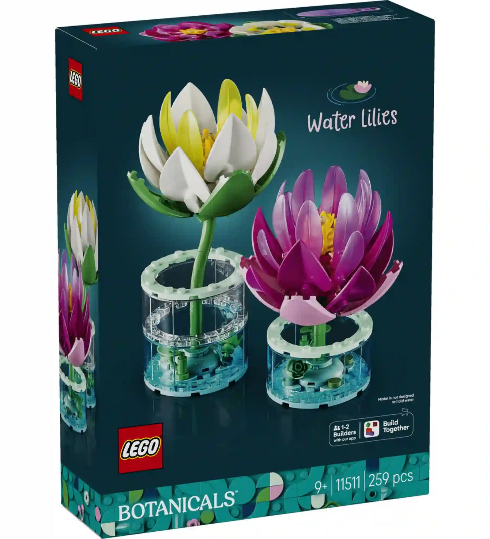LEGO Botanicals Tavirózsák (11511) készlet elülső dobozképe, amely a részletgazdag fehér és rózsaszín tavirózsa virágokat mutatja dekoratív botanikai modellként.
