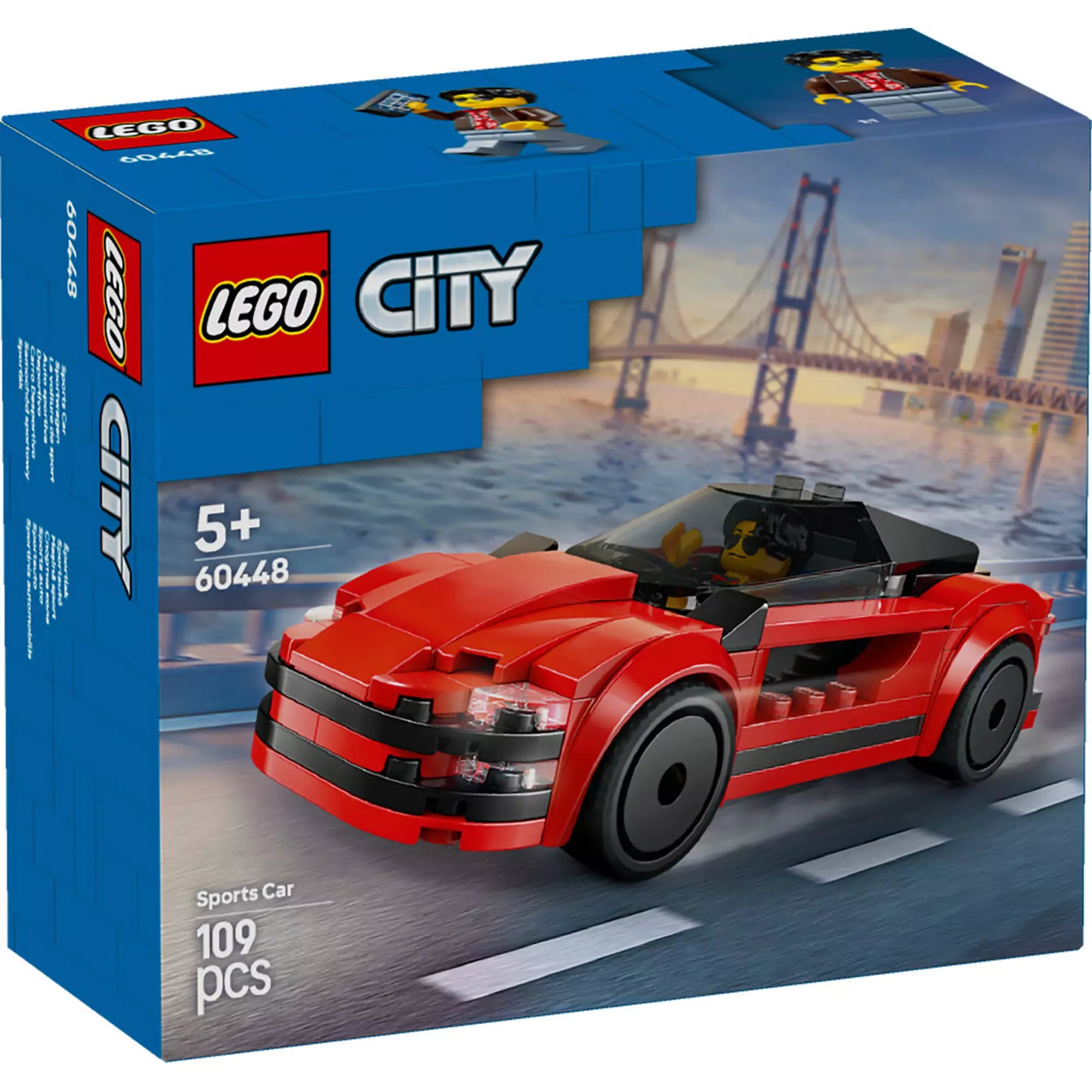 LEGO CITY Piros sportautó (60448) dobozának elülső oldala, amely bemutatja a stílusos vörös sportautót és a minifigurát háttérben egy városi tájjal.