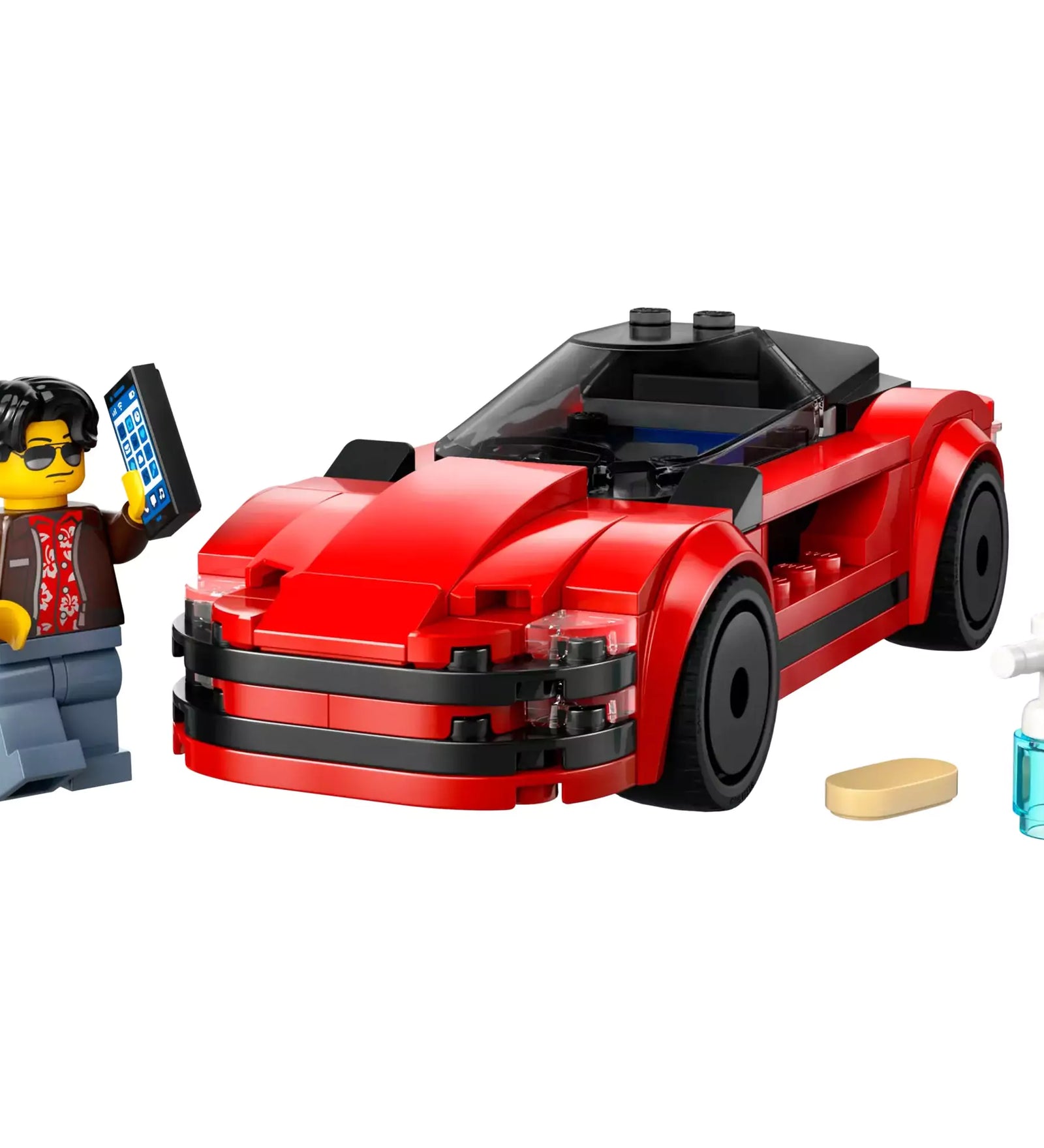 LEGO CITY Piros sportautó (60448) a minifigurával, tisztítószerrel és mobillal, a készlet összes részletét bemutatva.