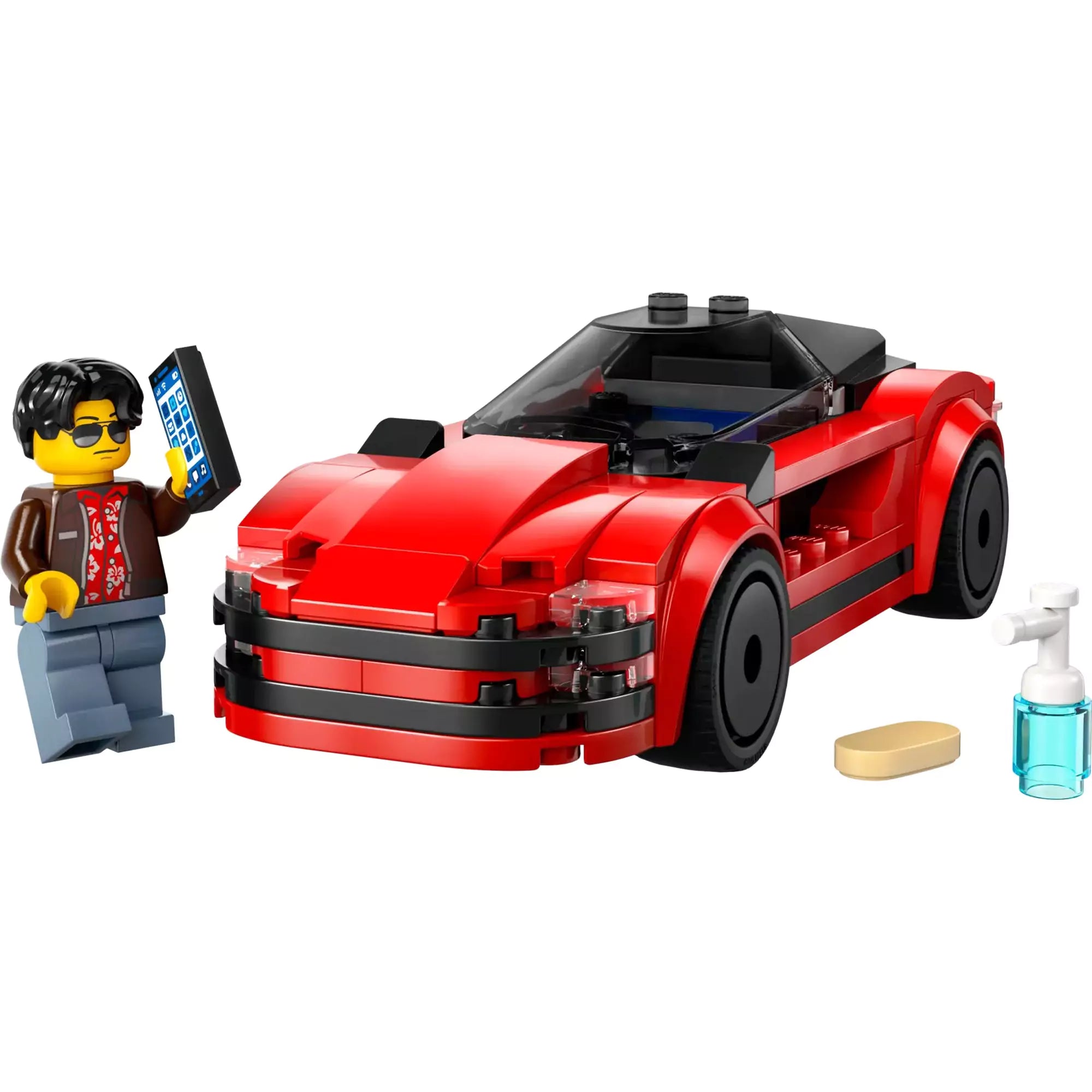 LEGO CITY Piros sportautó (60448) a minifigurával, tisztítószerrel és mobillal, a készlet összes részletét bemutatva.
