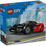 LEGO City EV Supercar (60486) – a készlet dobozának elölnézete, fekete–piros elektromos sportautó városi környezetben.