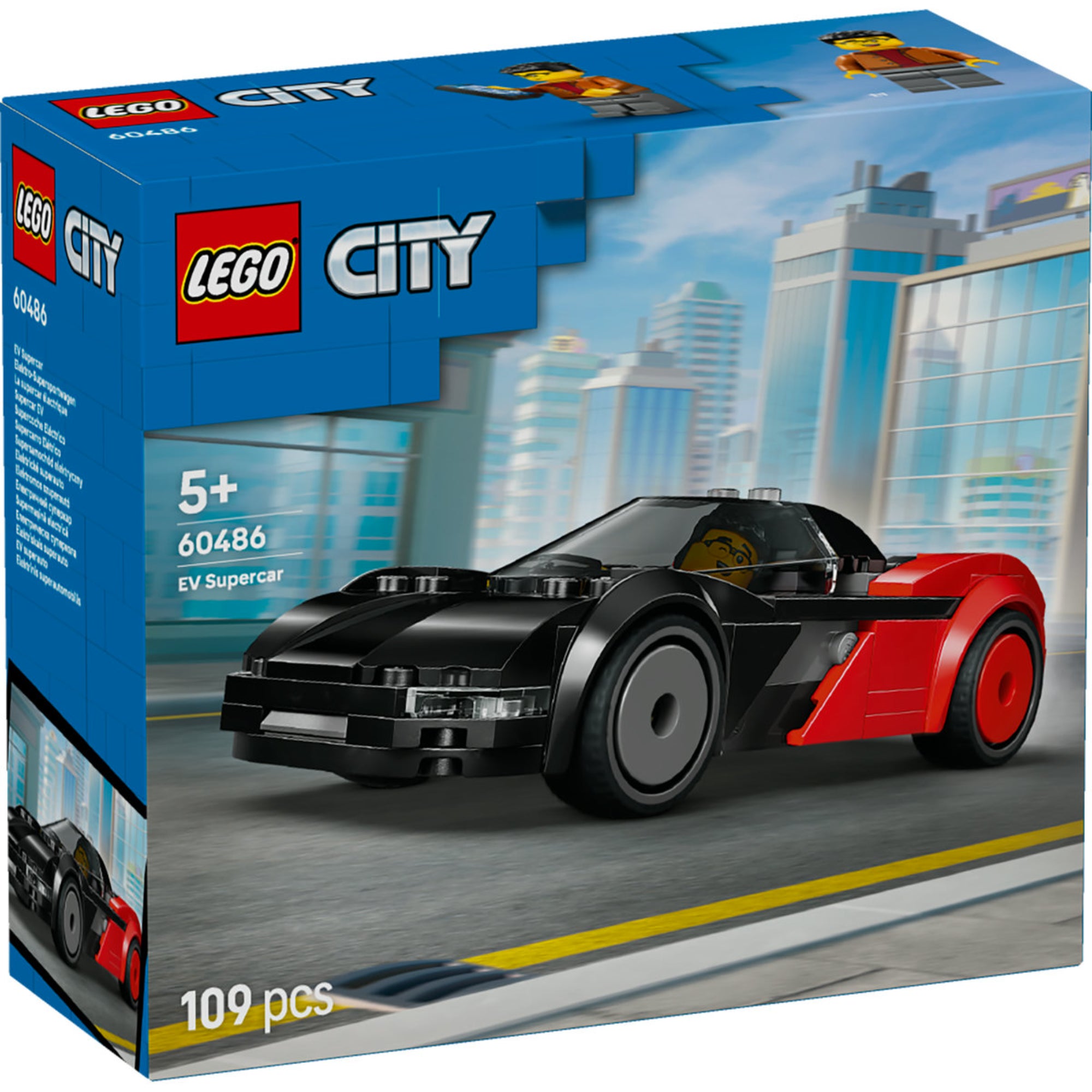 LEGO City EV Supercar (60486) – a készlet dobozának elölnézete, fekete–piros elektromos sportautó városi környezetben.