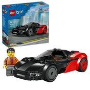 LEGO City EV Supercar (60486) – a megépített fekete–piros elektromos sportautó minifigurával és a készlet dobozával.