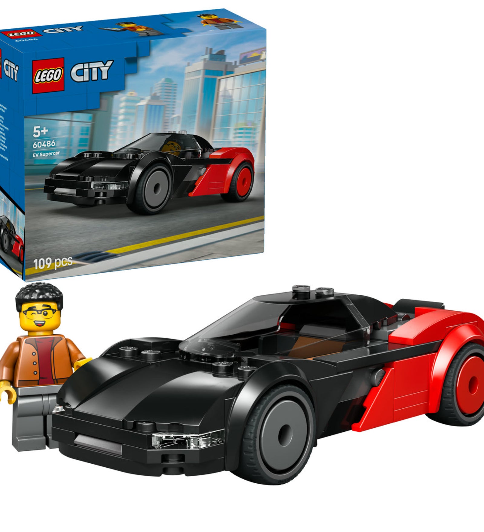LEGO City EV Supercar (60486) – a megépített fekete–piros elektromos sportautó minifigurával és a készlet dobozával.