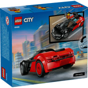 LEGO City EV Supercar (60486) – a doboz hátoldala, a megépített sportautó és a minifigura bemutatásával.