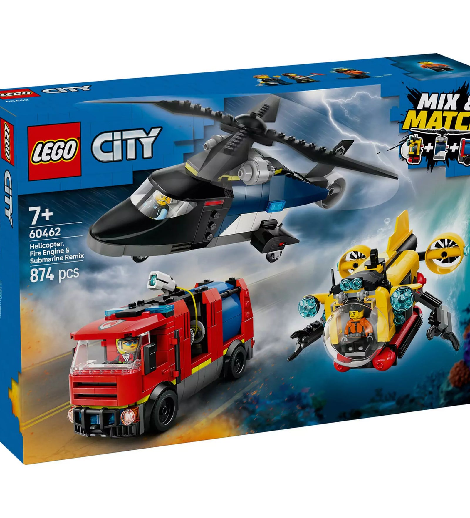 LEGO City Helikopter, tűzoltóautó és tengeralattjáró (60462) doboza, amely bemutatja a három akciójárművet.