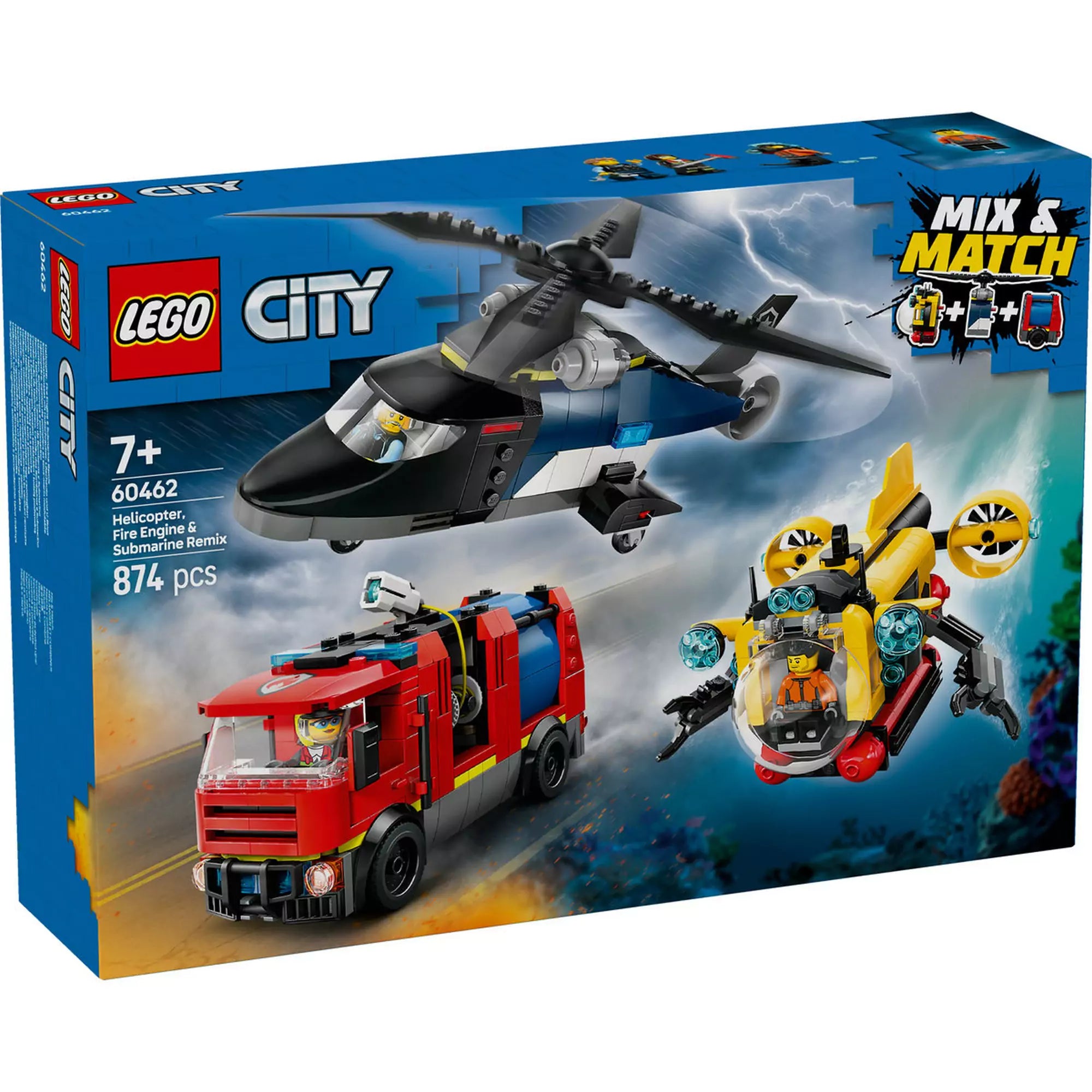 LEGO City Helikopter, tűzoltóautó és tengeralattjáró (60462) doboza, amely bemutatja a három akciójárművet.