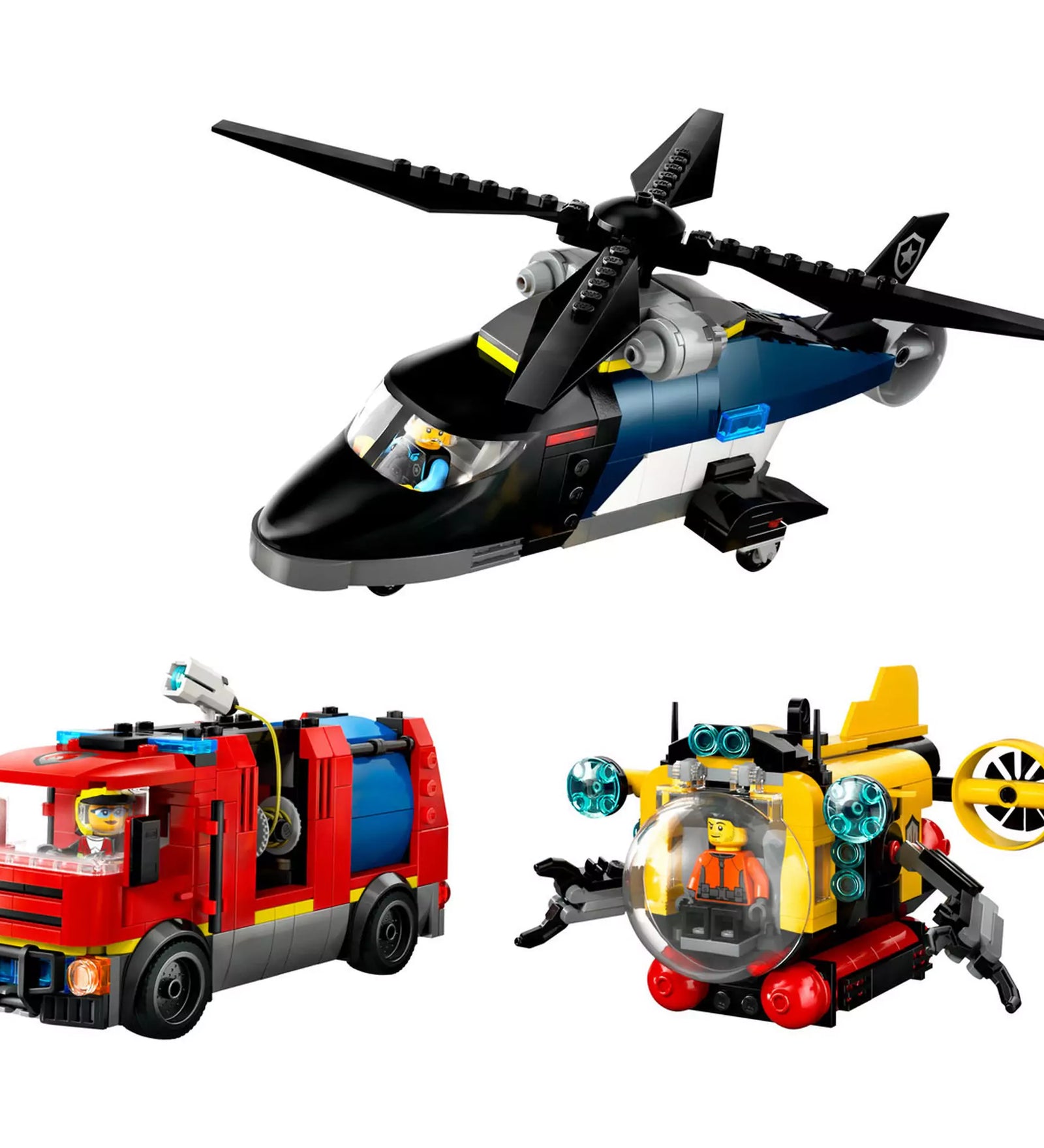 LEGO City Helikopter, tűzoltóautó és tengeralattjáró modellek, köztük egy rendőr helikopter és egy felfedező tengeralattjáró.