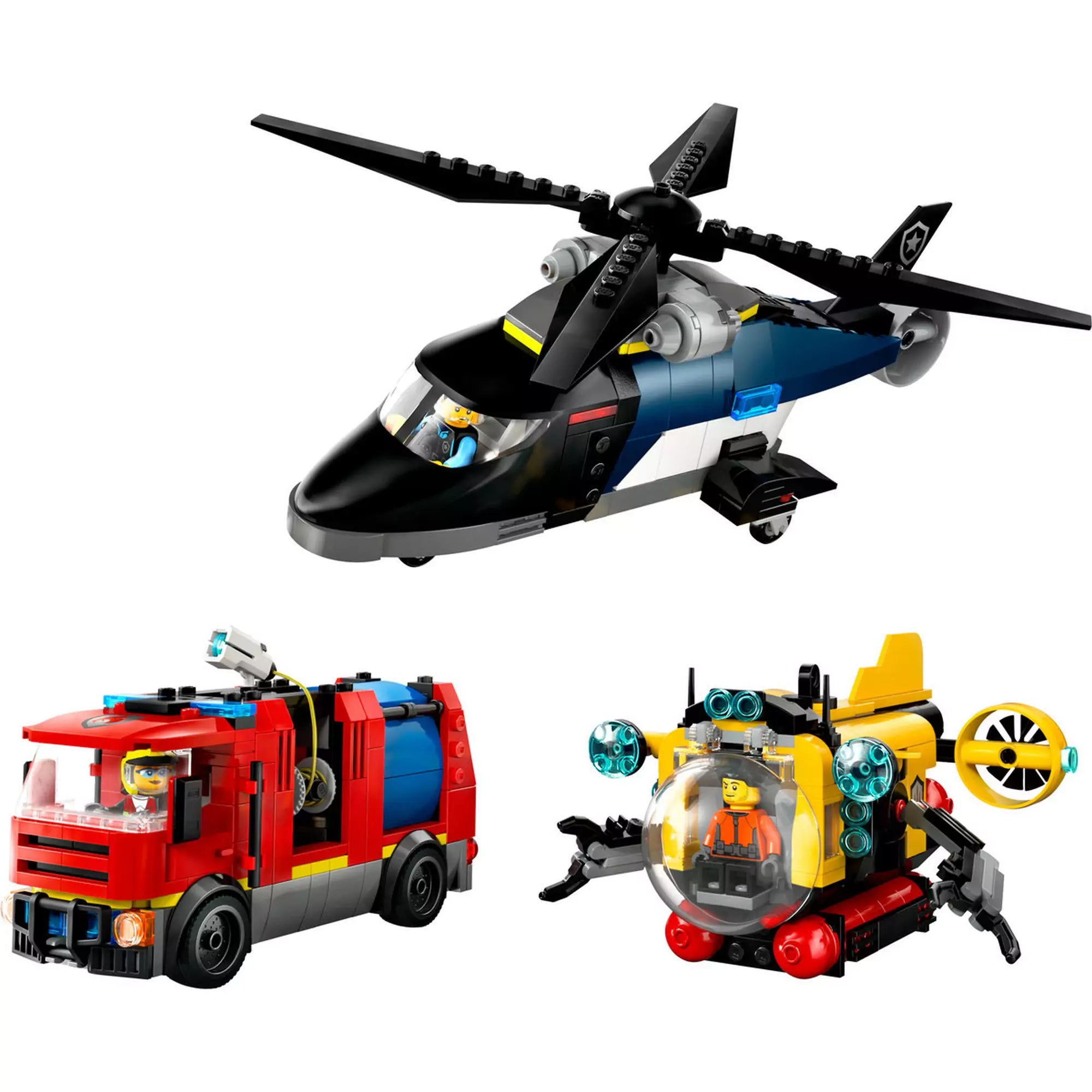 LEGO City Helikopter, tűzoltóautó és tengeralattjáró modellek, köztük egy rendőr helikopter és egy felfedező tengeralattjáró.