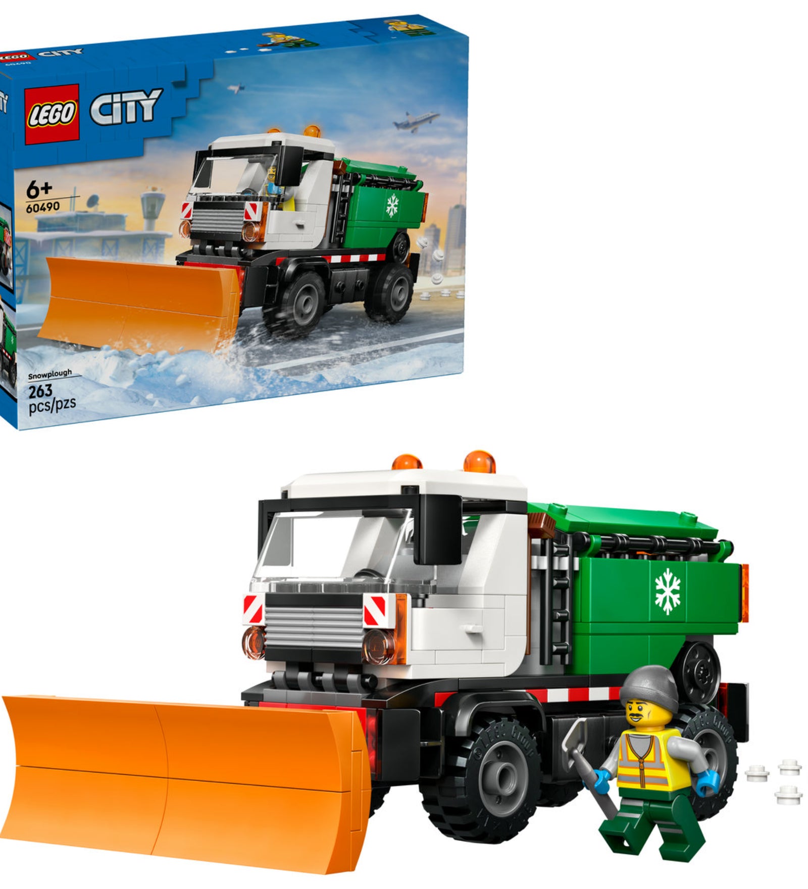 LEGO City Snowplough (60490) – a készlet doboza és a megépített hókotró jármű munkás minifigurával.