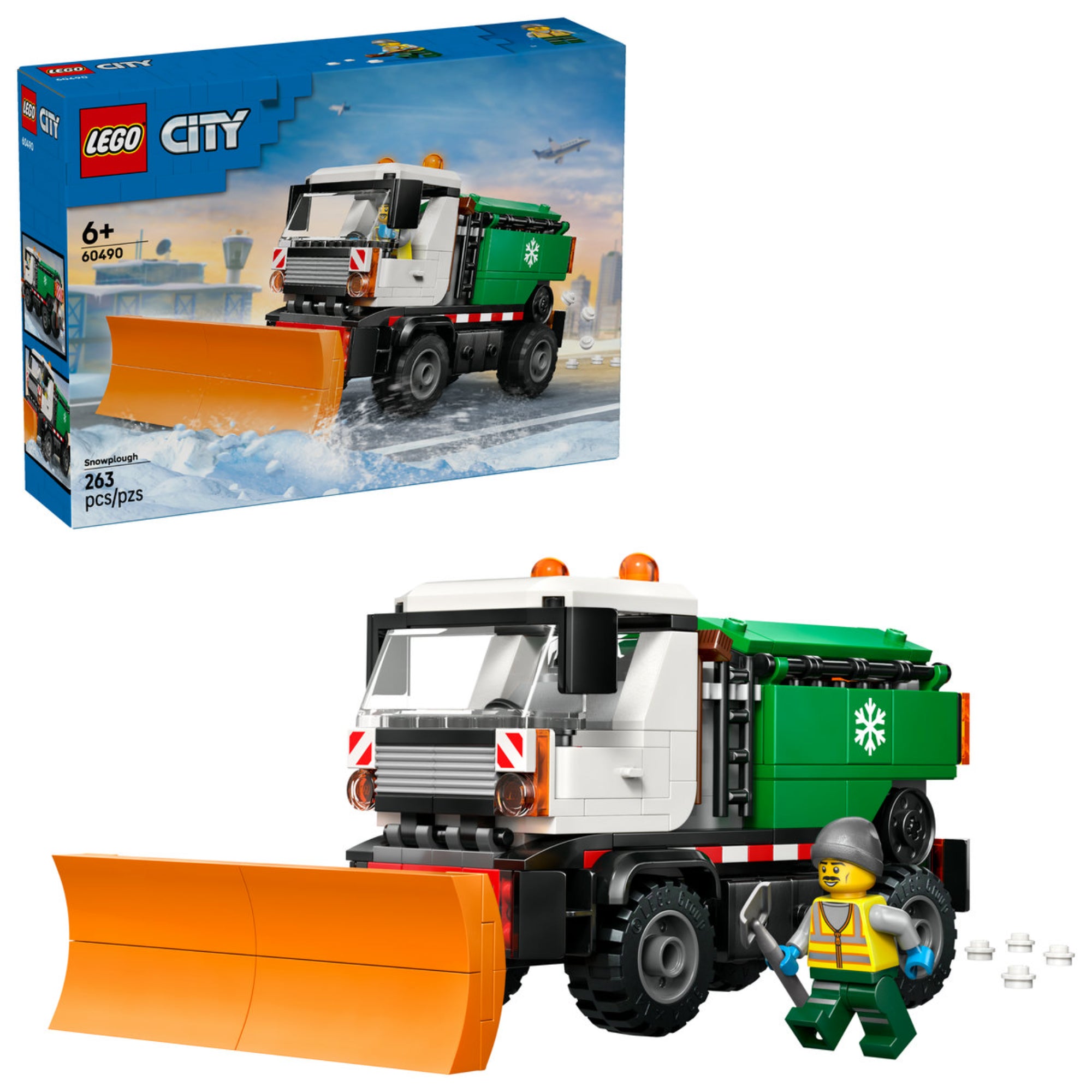 LEGO City Snowplough (60490) – a készlet doboza és a megépített hókotró jármű munkás minifigurával.