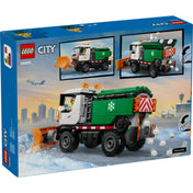 LEGO City Snowplough (60490) – a doboz hátoldala, a hókotró funkcióinak és játékmechanikájának bemutatása.