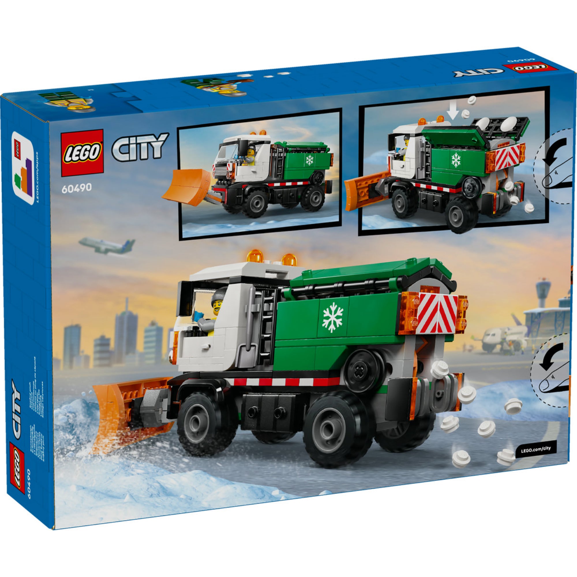 LEGO City Snowplough (60490) – a doboz hátoldala, a hókotró funkcióinak és játékmechanikájának bemutatása.