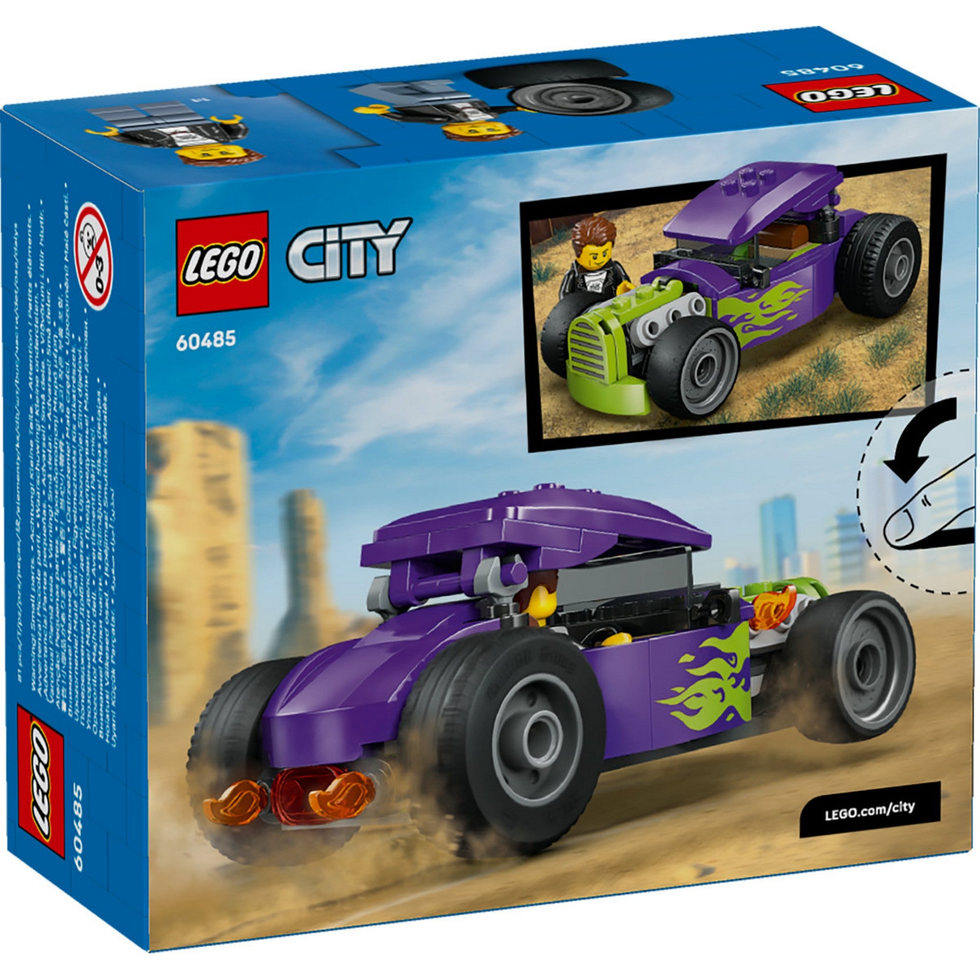 LEGO City Hot Rod 60485 – doboz hátoldala, lila-zöld hot rod autó sivatagi környezetben.
